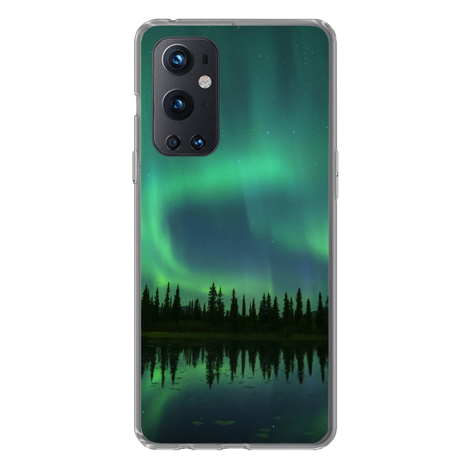 MuchoWow Handyhülle für OnePlus 9 Pro Nordlicht - Bäume - Wasser - Alaska, Phone Case, Silikon, Schutzhülle Dünn