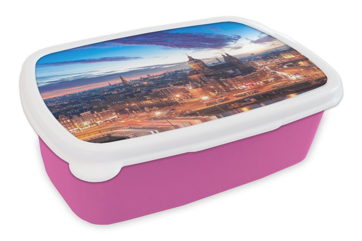 für Amsterdam - Kinder, Brotdose Snackbox, Brotbox Nacht, Lunchbox rosa Kunststoff Mädchen, Skyline (2-tlg), Erwachsene, Kunststoff, MuchoWow