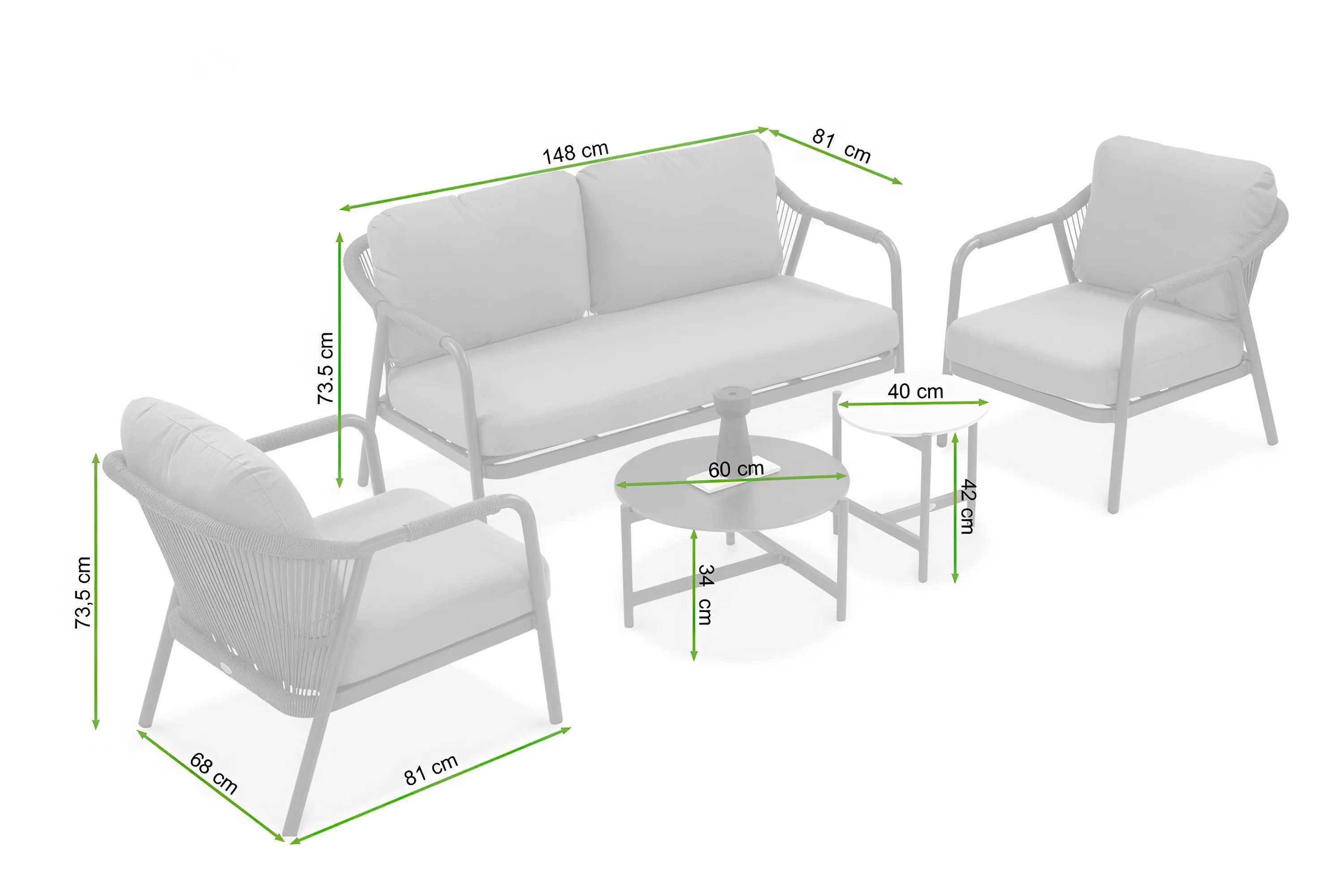 Focus Garden Gartenlounge-Set "GRAFTON CAFFE" 2-Sitzer + 2 Sessel + 2 Tische, Geflochtene Lehnen, (5-tlg), Geflecht Gartenmöbel-Set, Rope