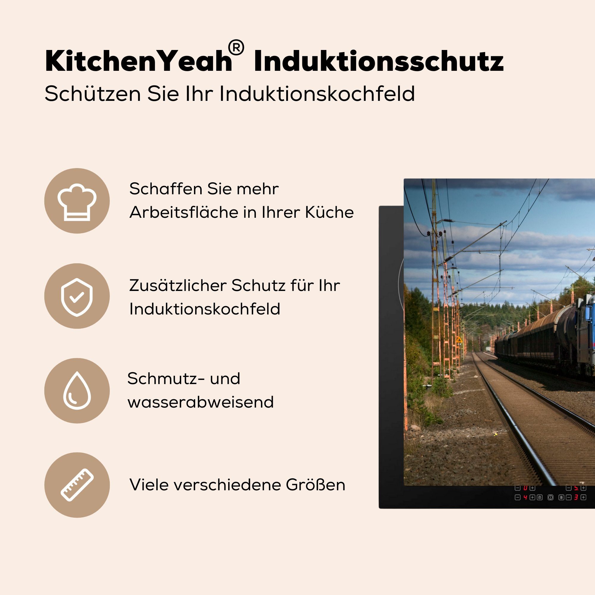 MuchoWow Herdblende-/Abdeckplatte Ein Zug auf cm, Eisenbahnstrecke, einer 81x52 küche, die (1 Vinyl, Ceranfeldabdeckung Schutz Induktionskochfeld tlg), für