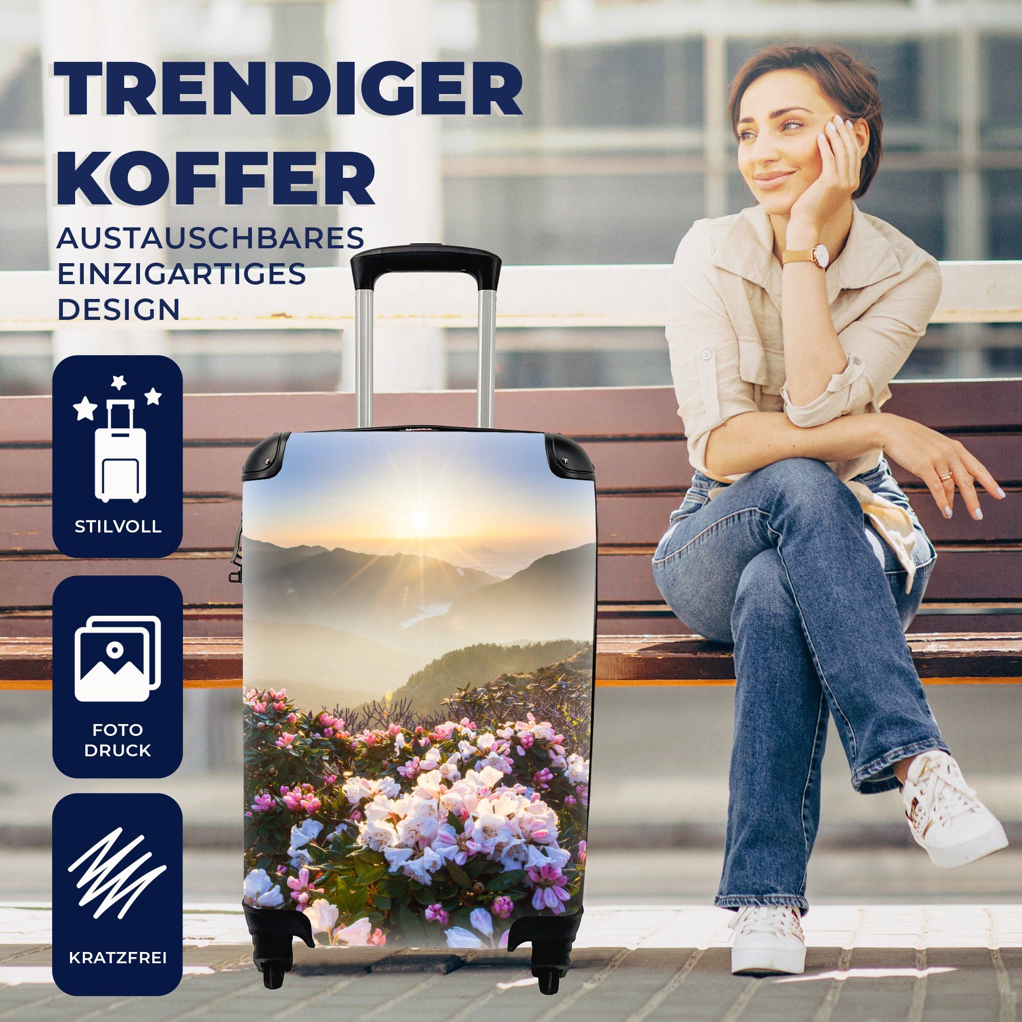 4 Ferien, rollen, - für Rollen, Sonne Reisetasche Handgepäck mit Handgepäckkoffer Trolley, Blumenwiese MuchoWow Berge, Reisekoffer -