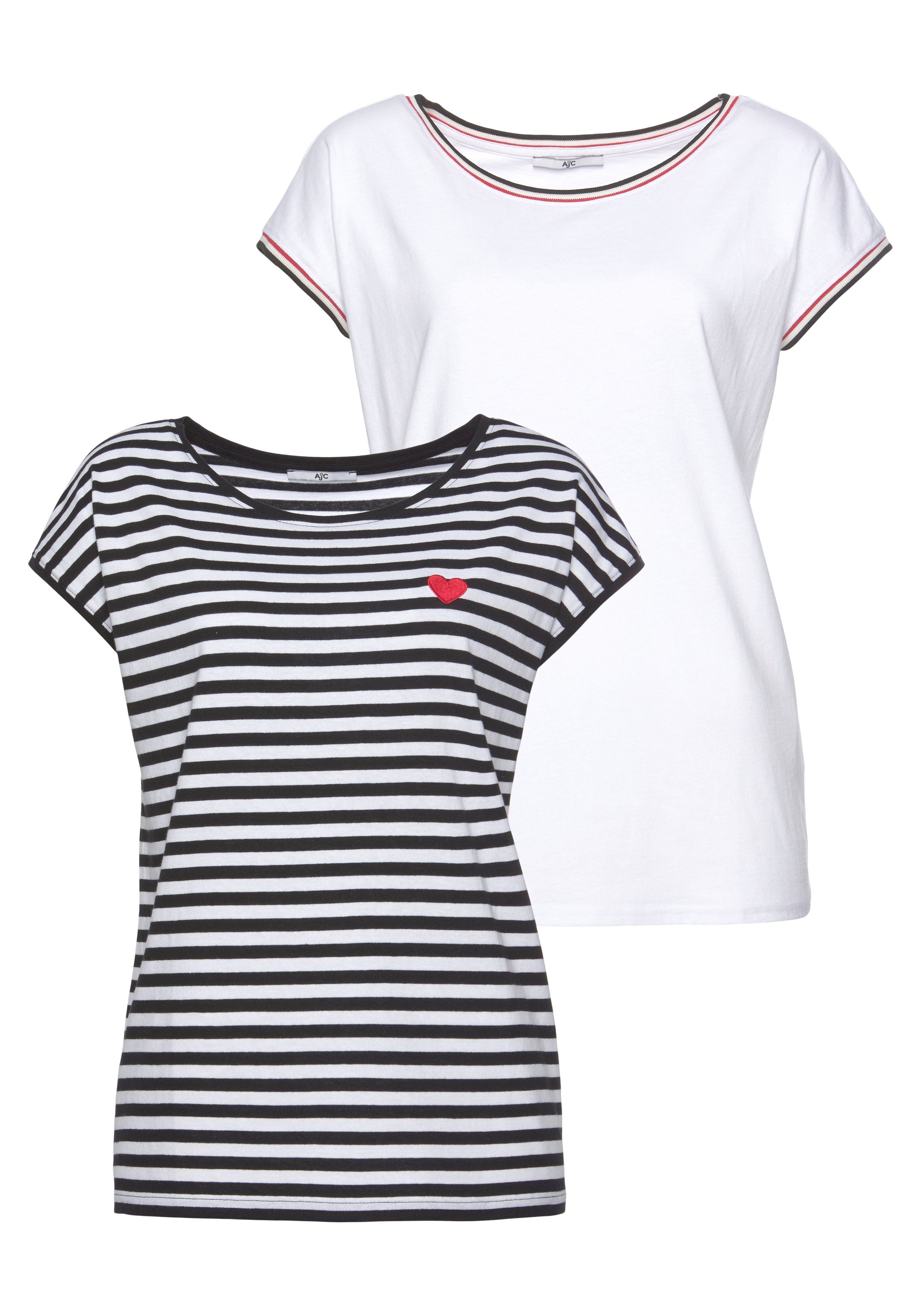 Damen Shirts AJC Rundhalsshirt im Doppelpack gestreift mit kleiner Stickerei + solid - NEUE KOLLEKTION
