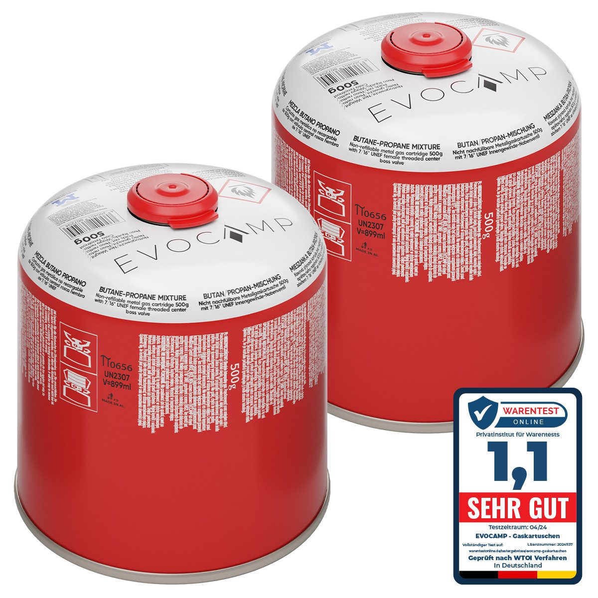 EVOCAMP Gaskartusche 2x Butangas Kartuschen 500g, Schraubkartusche mit Butan/ Propan Gas, 2 St.