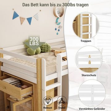 HAUSS SPLOE Hochbett 90 x 200 cm, mit 2 Aufbewahrungsschrank und Leiter, Natur + Weiß für Kinderzimmer, Schlafzimmer, Jugendzimmer