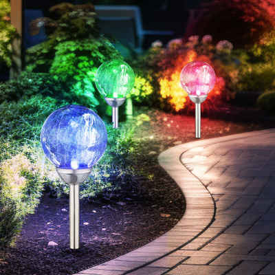 etc-shop LED Gartenleuchte, LED-Leuchtmittel fest verbaut, Farbwechsel, 3er Set RGB LED Solar Glas Kugel Steck Lampen Garten Weg Außen