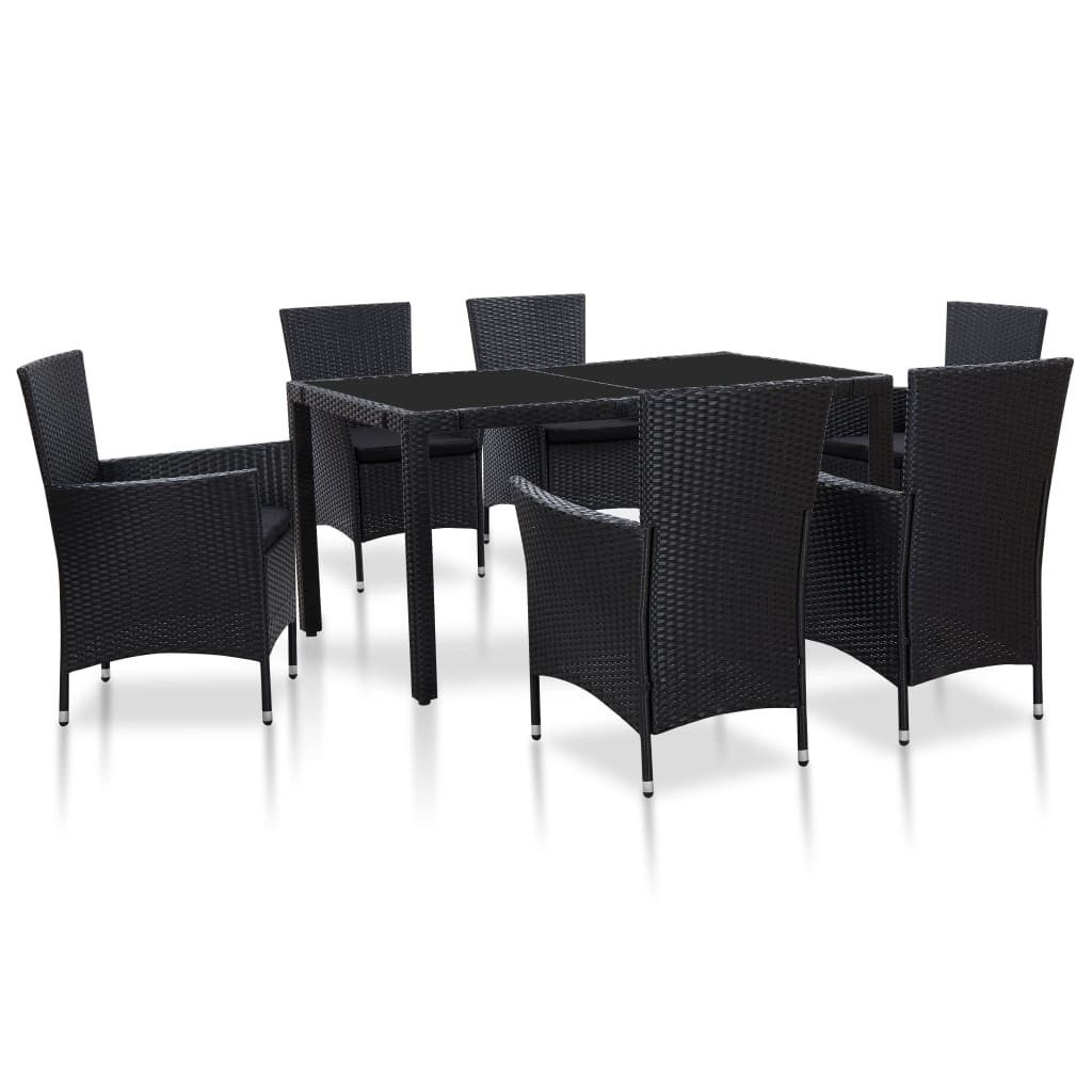 furnicato Garten-Essgruppe Essgruppe aus PE-Rattan Schwarz 150x90x75 cm mit 6 Stühlen, (1-tlg), Witterungsbeständige Sitzgruppe mit Hartglasplatte und Sitzkissen