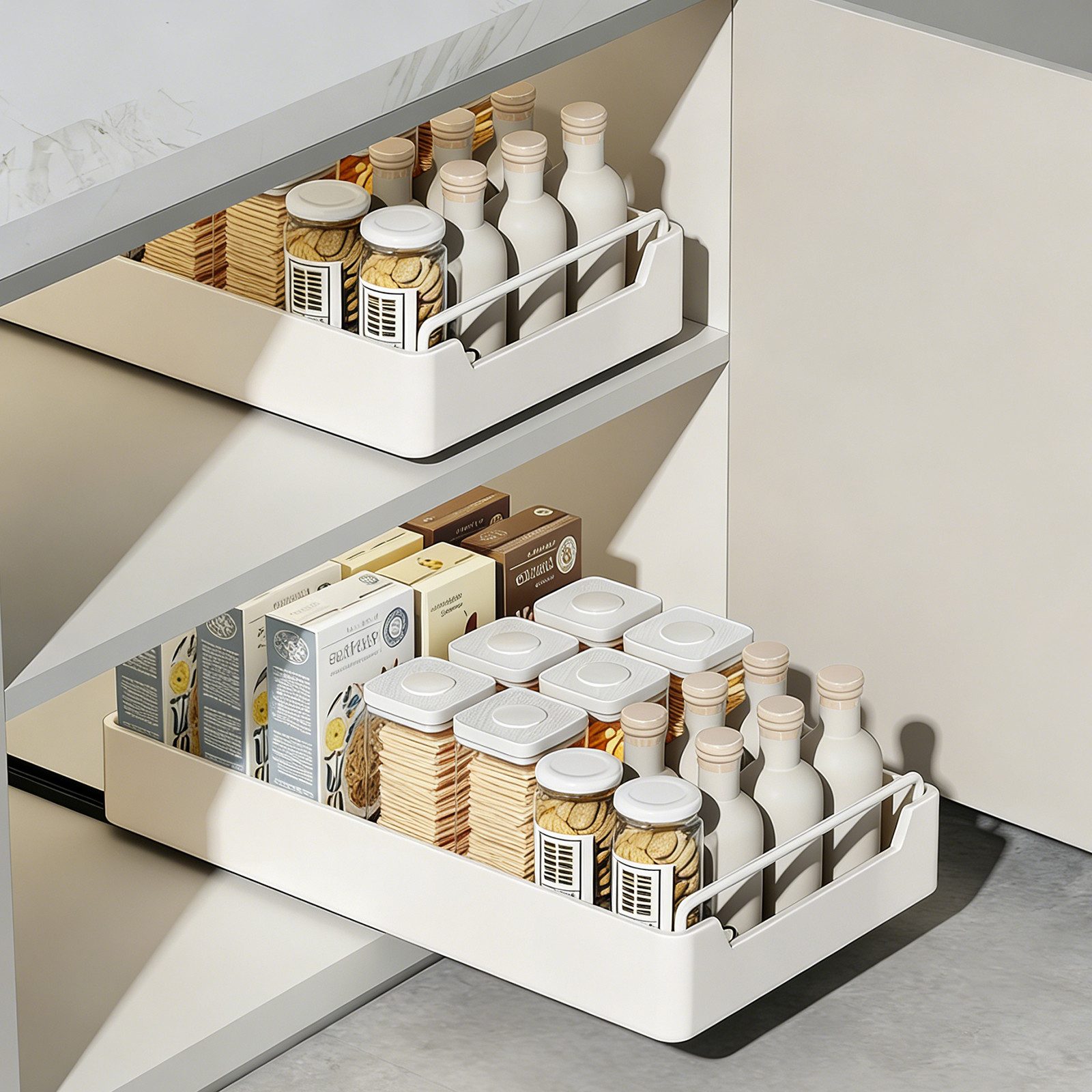 BlingBin Küchenorganizer-Set Teleskopschublade, Ausziehbare Schublade Küche Organizer Schrank, (2er Set, 2-tlg., 43L x 25B x 6H cm, Erweiterbar Küchenschublade mit Kleber), Schubladen-Aufbewahrungsregale für Küche, Ohne Bohren, Weiß