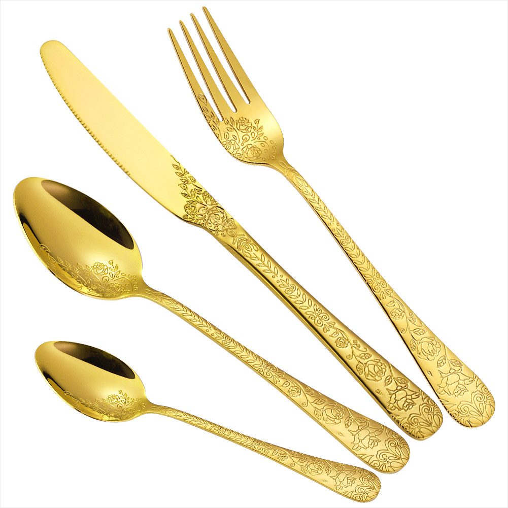 KingLux Besteck-Set 24teilig Gold Essbesteck Set mit Messer Gabel Löffel Spülmaschinenfest (24-tlg), 6 Personen, Edelstahl