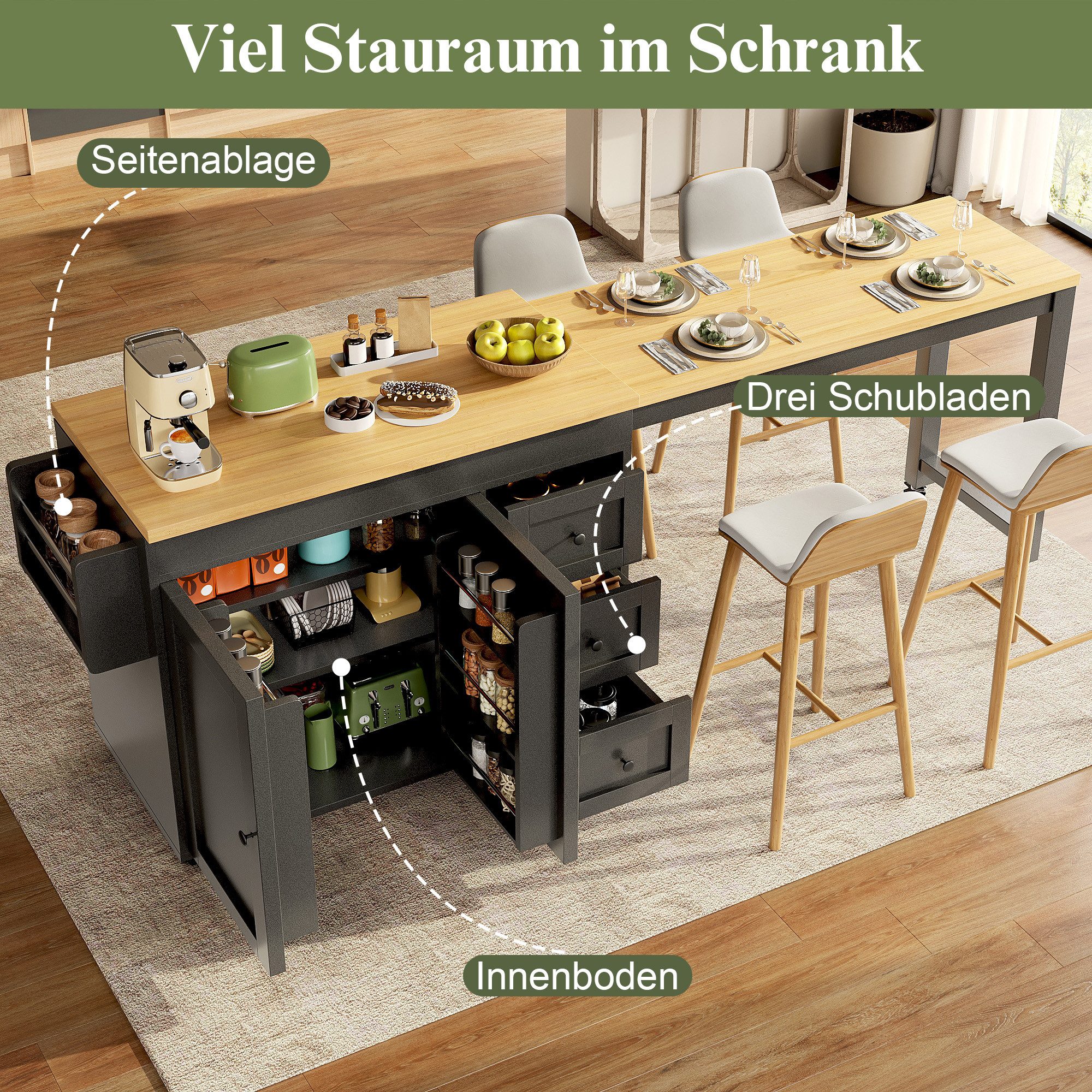 Celya Kücheninsel Ausziehbare 116–179.5cm, mit Stauraum, mit 3 Schubladen, Seiten-Snackregalen und Rollen