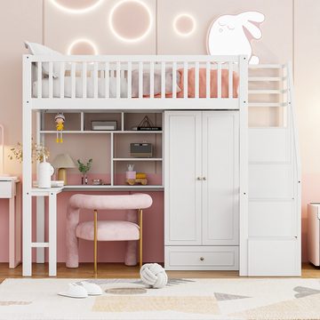 REDOM Kinderbett mit großem Kleiderschrank Regal und Tisch (Stauraum Treppe Mehrzweckbetteinheit Holzbettgestell 90 x 200), ohne Matratze