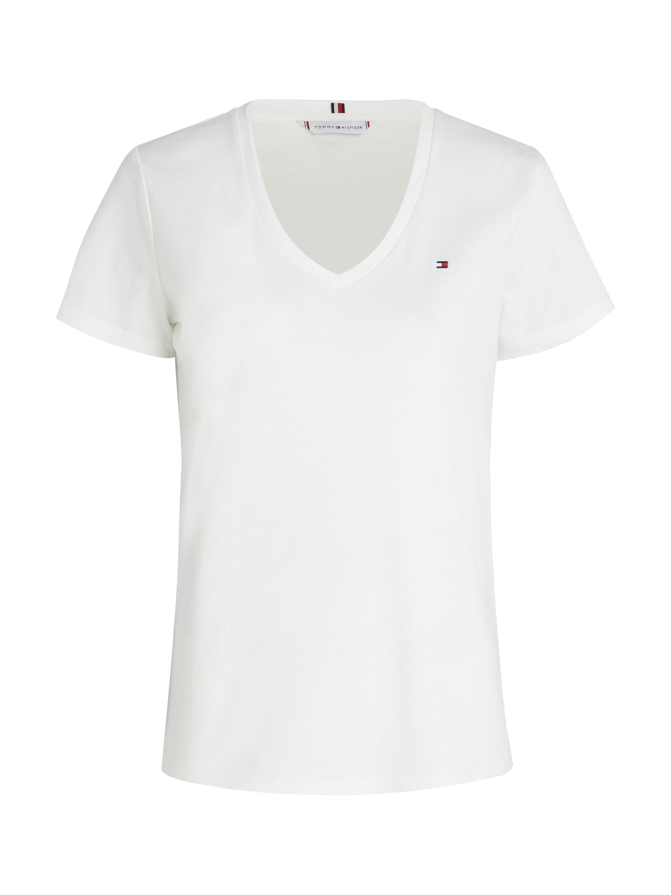 Tommy Hilfiger T-Shirt Ecru mit V-NECK RIB CODY SLIM Logostickerei SS dezenter