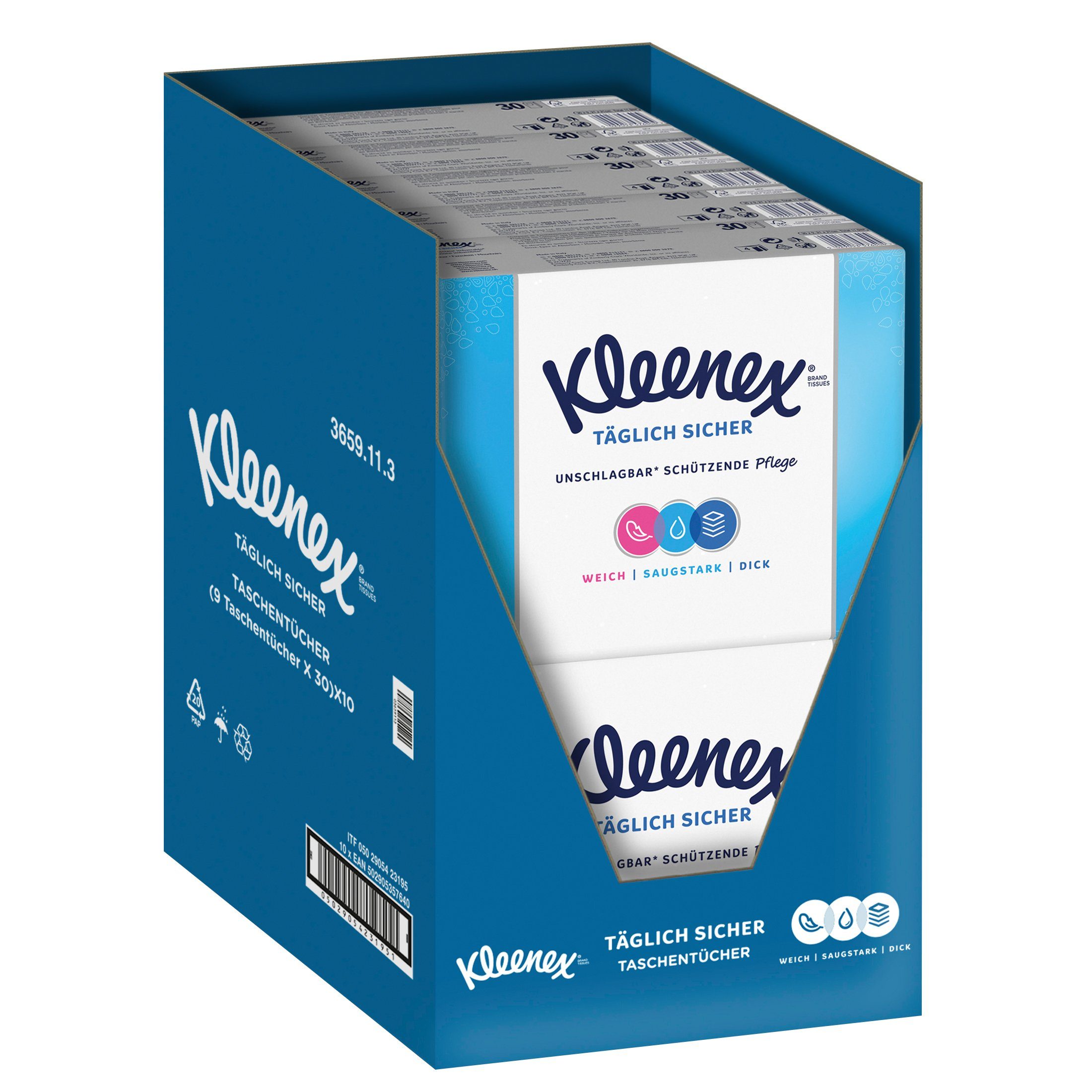 KLEENEX Papiertaschentücher Täglich Sicher Taschentücher 4-lagig, 10x30 Päckchen à 9 Tücher (Vorratspack 10 x 30 Päckchen), Taschentuch