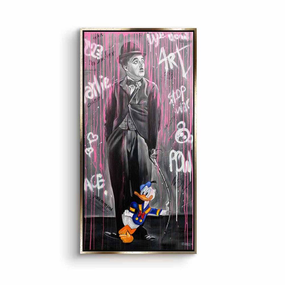 DOTCOMCANVAS® Leinwandbild, Leinwandbild Charlie Chaplin Pop Art Donald Duck mit premium Rahmen goldener Rahmen