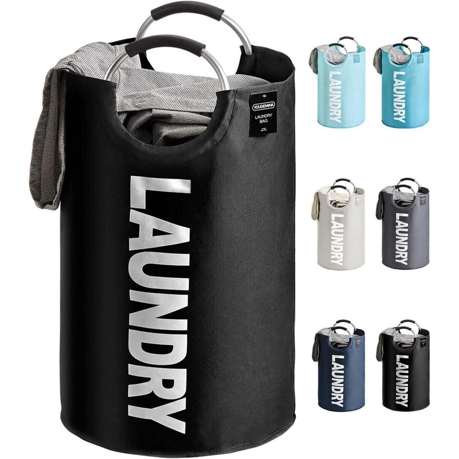 LuxusKollektion Wäschesack Faltbarer Wäschekorb 82L mit Griff Schwarz Oxford Aluminium 38x38x72cm