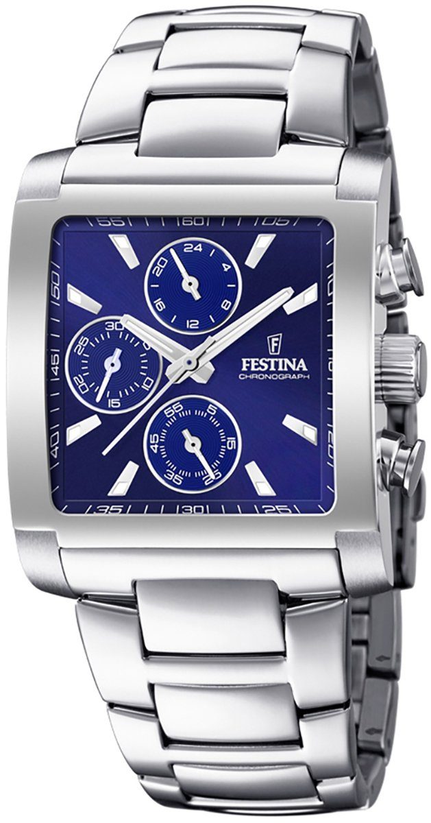 Festina Chronograph Festina Herren Uhr F20423/2 Edelstahl, Herren Armbanduhr eckig, Edelstahlarmband silber