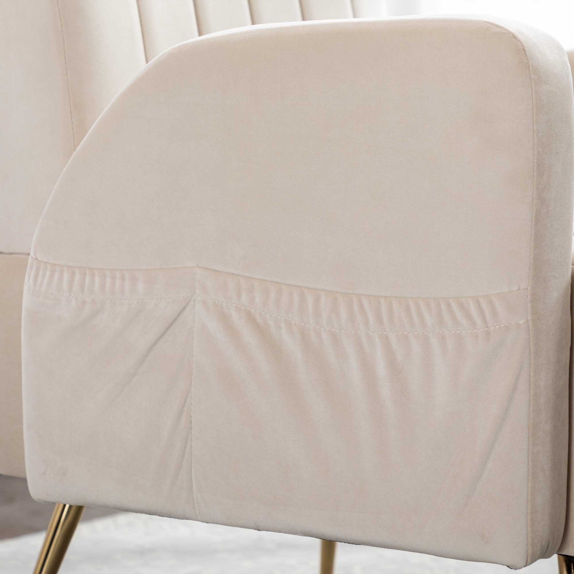 WISHDOR Loungesessel Sessel Relaxsessel Füßen Samt, eitentaschen, beige Fernsehsessel goldenen Polsterstuhl, mit mit
