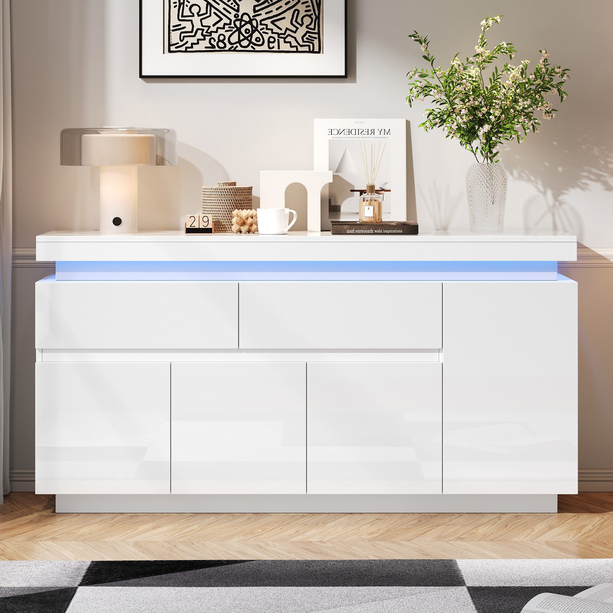 KLAM HOME Sideboard Hochglänzendes Weißes Sideboard 140x35x72,5cm (2 Schubladen + 4 Türen + LED-Beleuchtung), Wohnzimmerschrank Anrichte mit Verstellbaren Böden