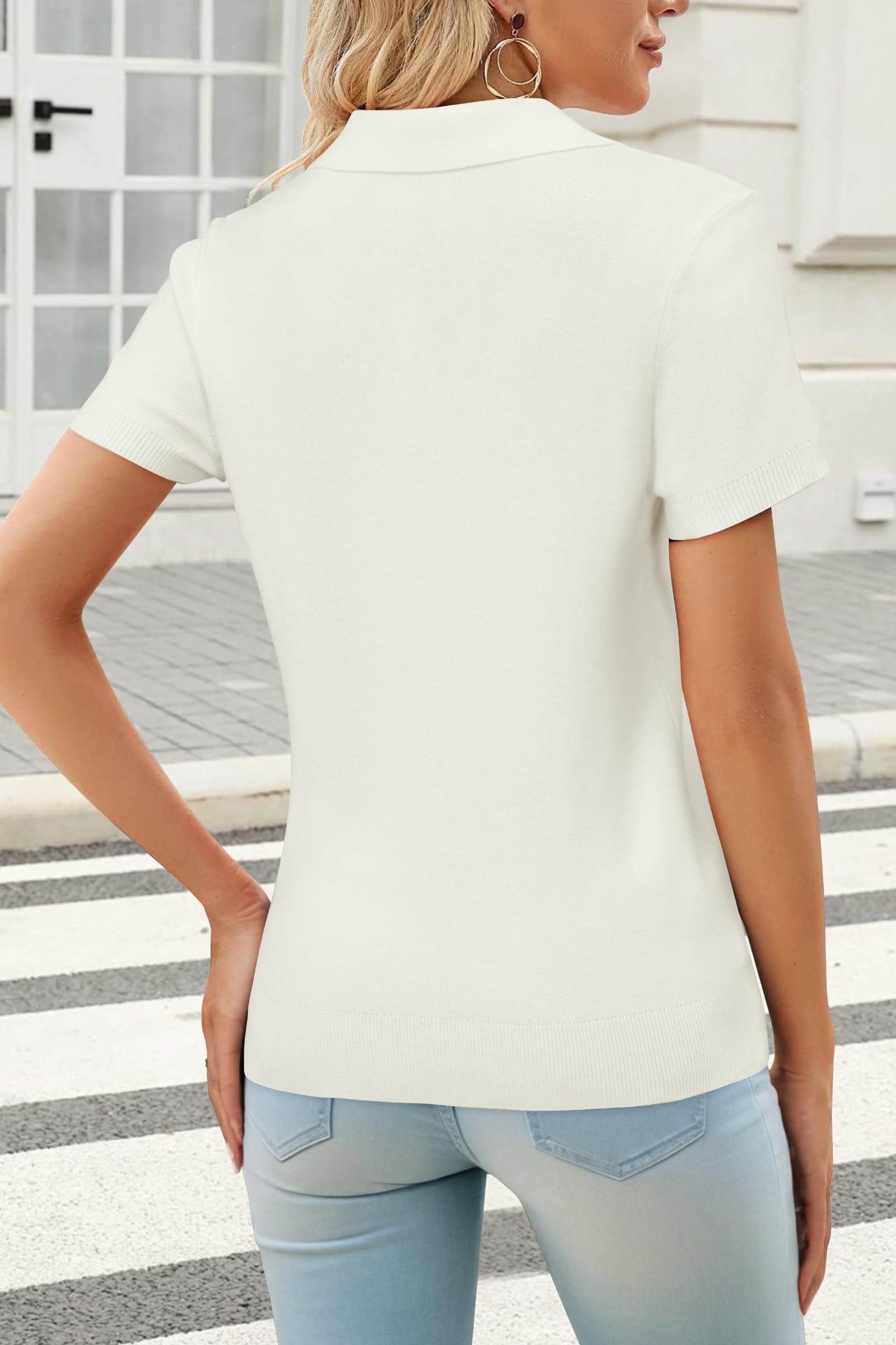 Arach&Cloz Poloshirt Damen Wollmischung Poloshirt Kurzarmpullover Strickpullover Volltonfarbe V-Shirt Tops Business Casual Kurzarmshirt Wollpullover