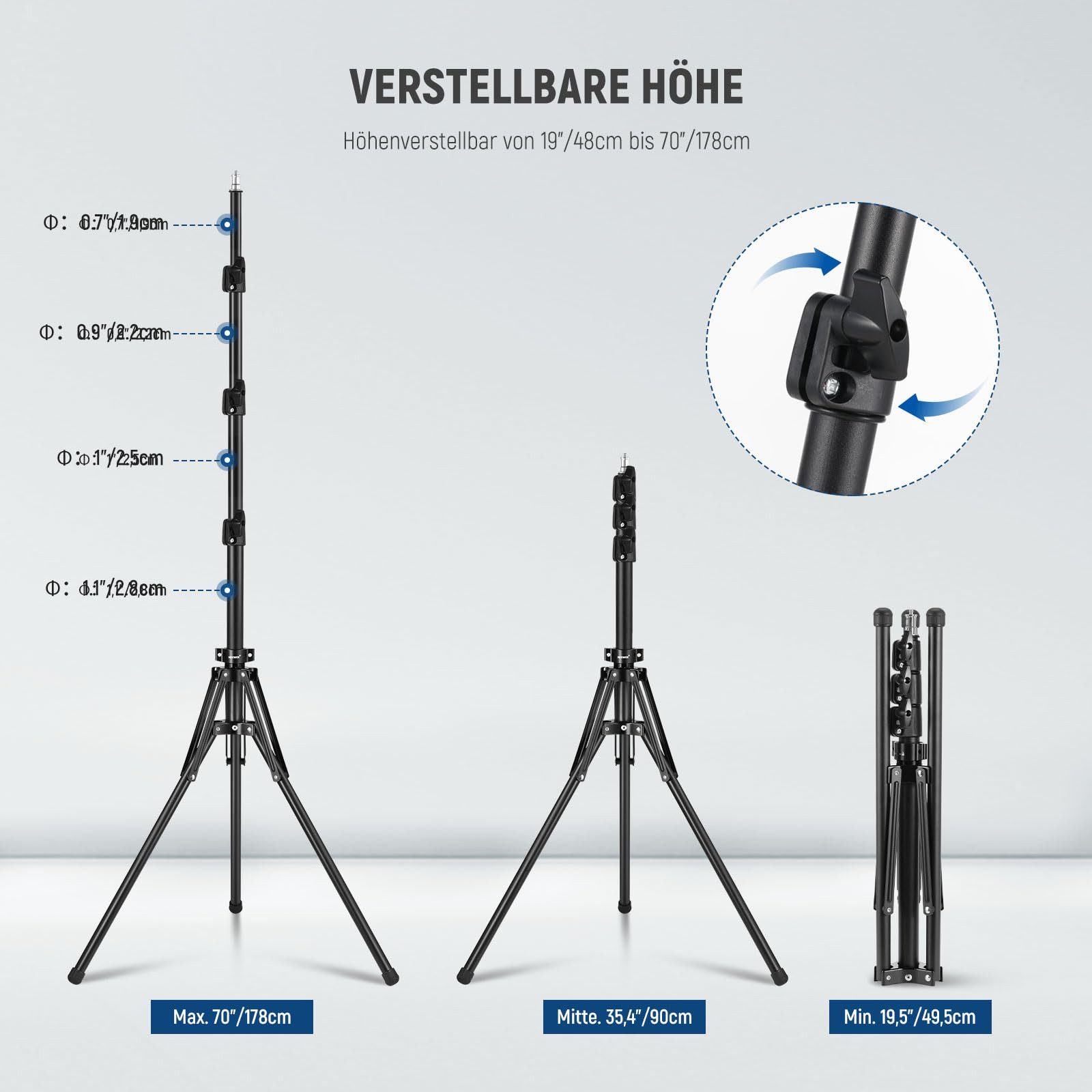 Neewer ST178B Lichtstativ 178cm, 180° umkehrbar, für Innen/Außen Fotografie Lampenstativ (hohenverstellbar von 48 bis 178 cm, 1/4" Schraube und 5/8" Bolzen)