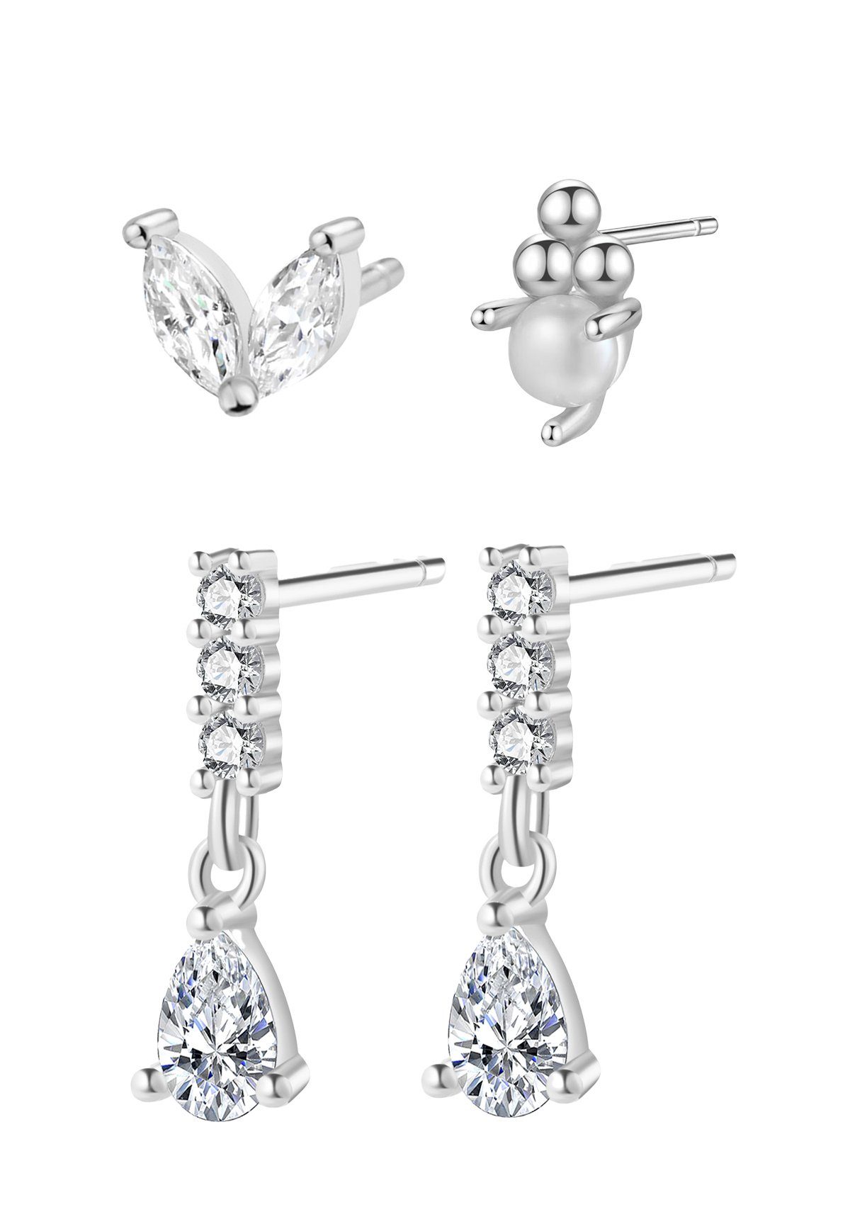 Hey Happiness Ohrstecker-Set Luna für Damen, aus Silber 925 18K vergoldet, Filigrane Ohrstecker mit Perlen & Zirkonia, Layering Schmuck