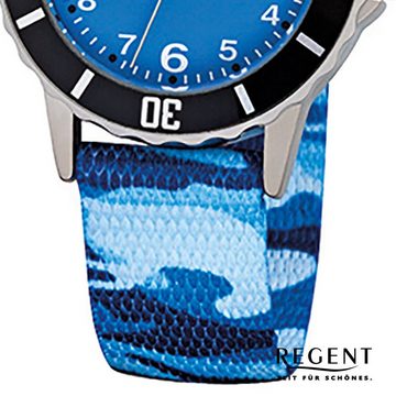Regent Quarzuhr Regent Kinder-Armbanduhr blau Analog F-940, Kinder Armbanduhr rund, klein (ca. 29mm), Textil, Stoffarmband