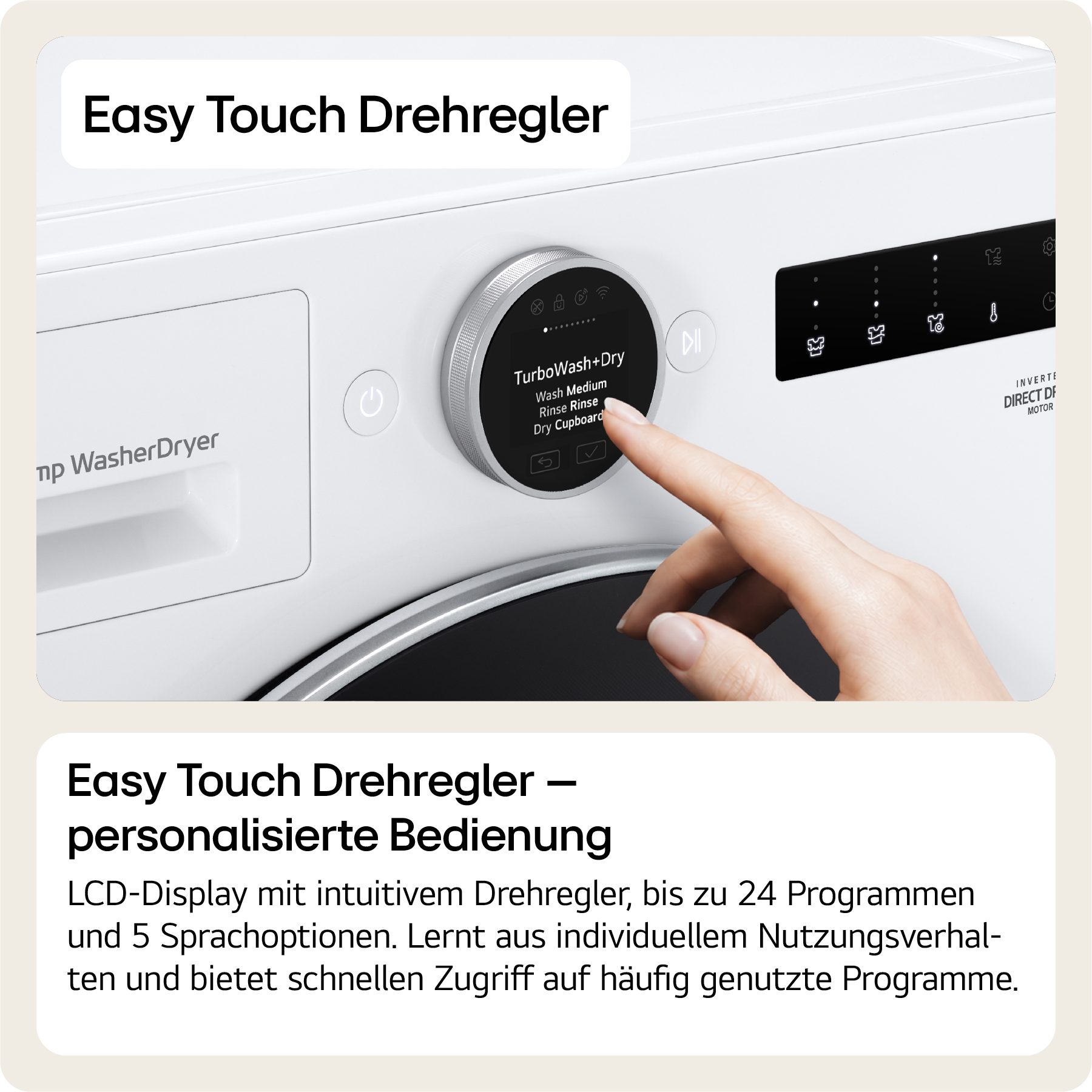 LG Waschtrockner X-Serie HPWD096C, 9 kg, 6 kg, 1400 U/min, Easy-Touch Drehregler, Wärmepumpe, TurboWash+Dry, AI Wash+Dry – Bild 4 von 5
