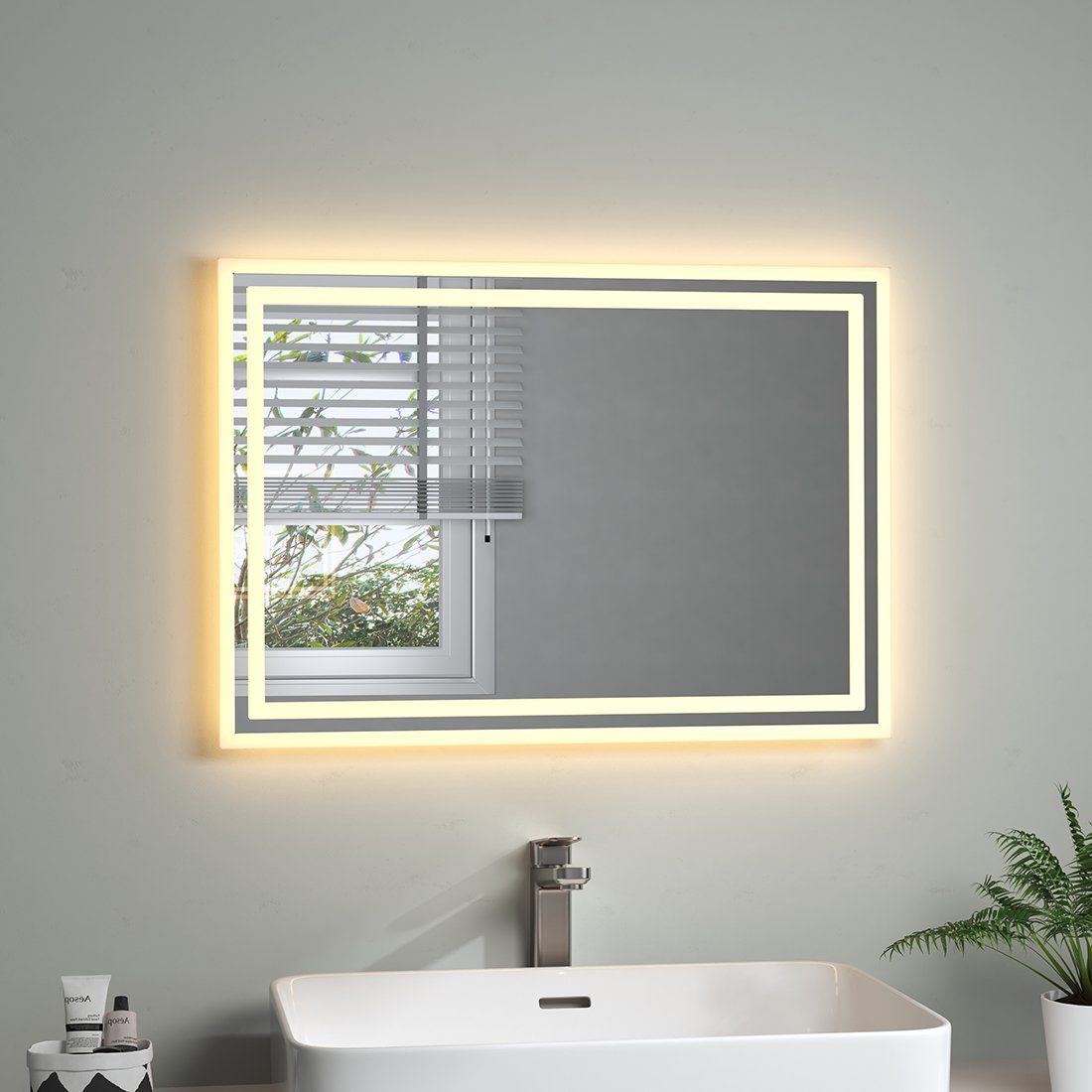 S'AFIELINA Badspiegel mit Beleuchtung 100x60cm LED Badspiegel mit  Touch-Schalter Badezimmerspiegel Kaltweiß Licht 6500K Wandspiegel mit  3-Fach
