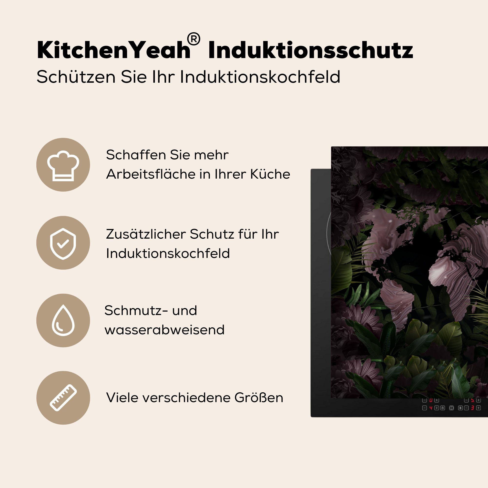 cm, küche - Arbeitsplatte MuchoWow Pflanzen, 78x78 Vinyl, Lila - tlg), Ceranfeldabdeckung, Weltkarte für (1 Herdblende-/Abdeckplatte
