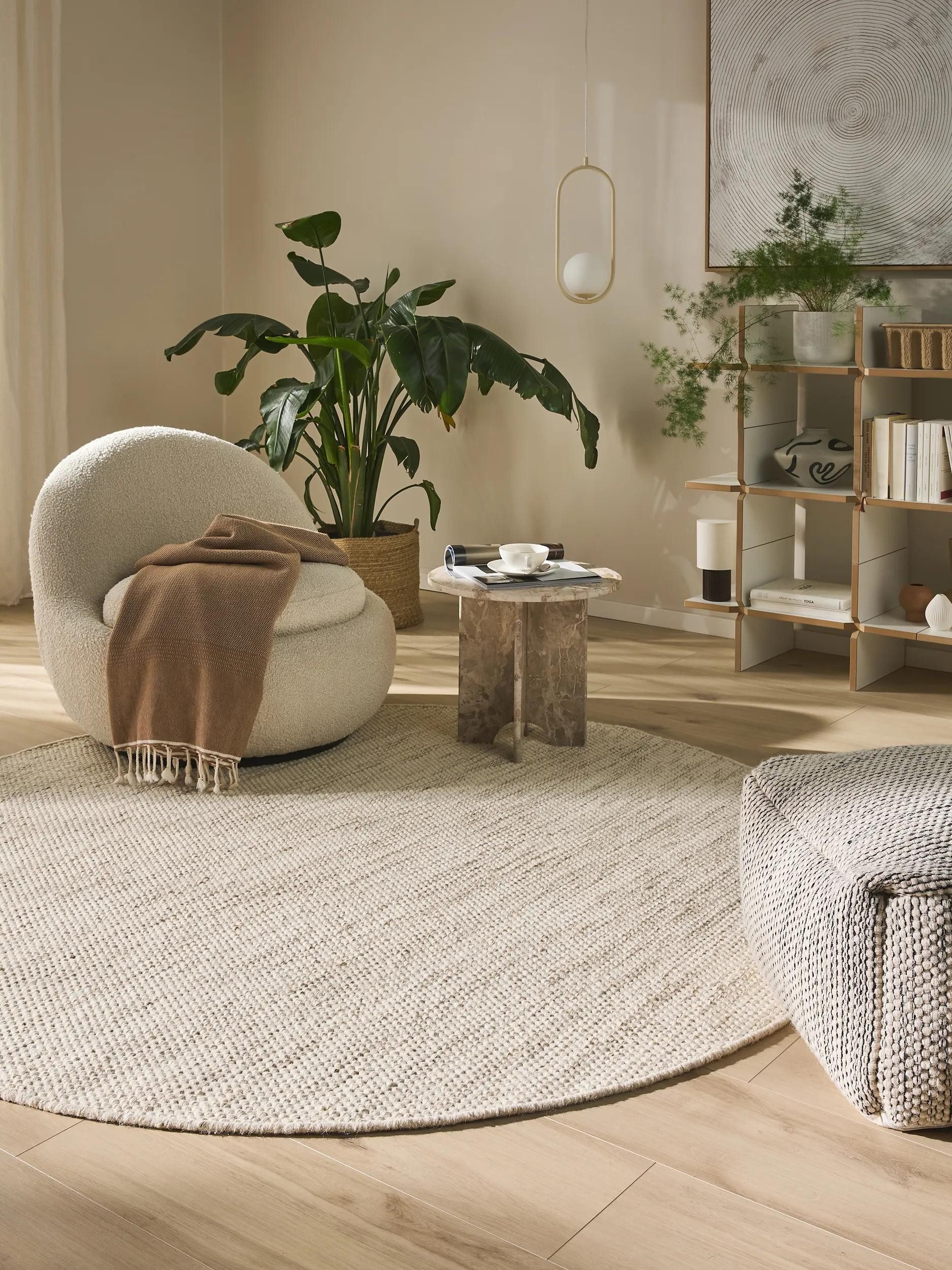benuta Wollteppich Rocco, rund, Höhe: 5 mm, Teppich Wohnzimmer, Schlafzimmer, Esszimmer, Flur, Kunstfaser, Cozy