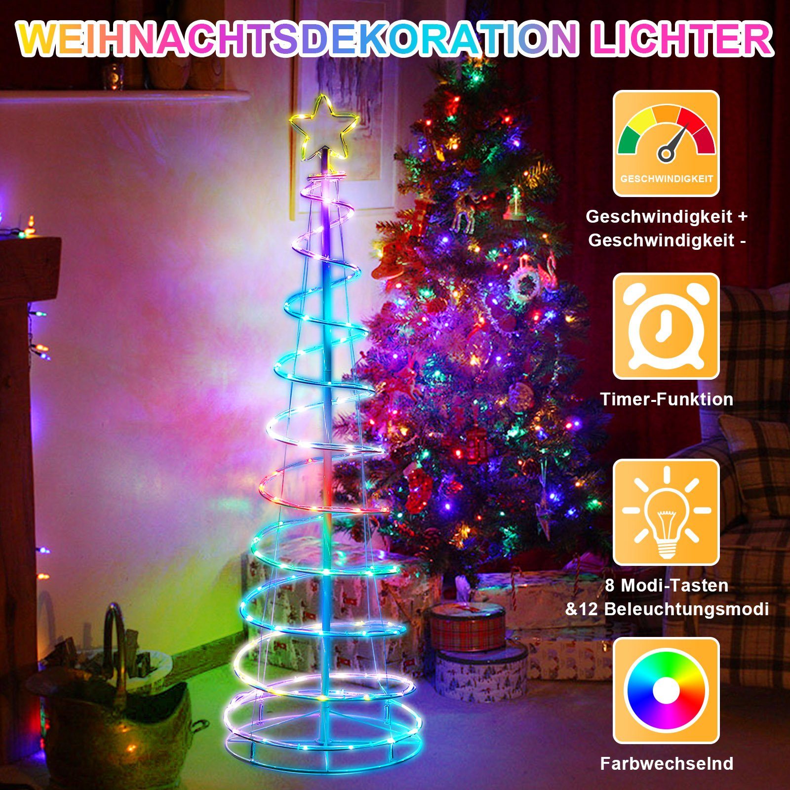 Merry 2024 Christbaumschmuck LED Baum Weihnachtsbaum,LED Lichterbaum Lichterkette, RGB, 8 Modi, Timer,Faltbar,Christbaumbeleuchtung,Weihnachtsdeko