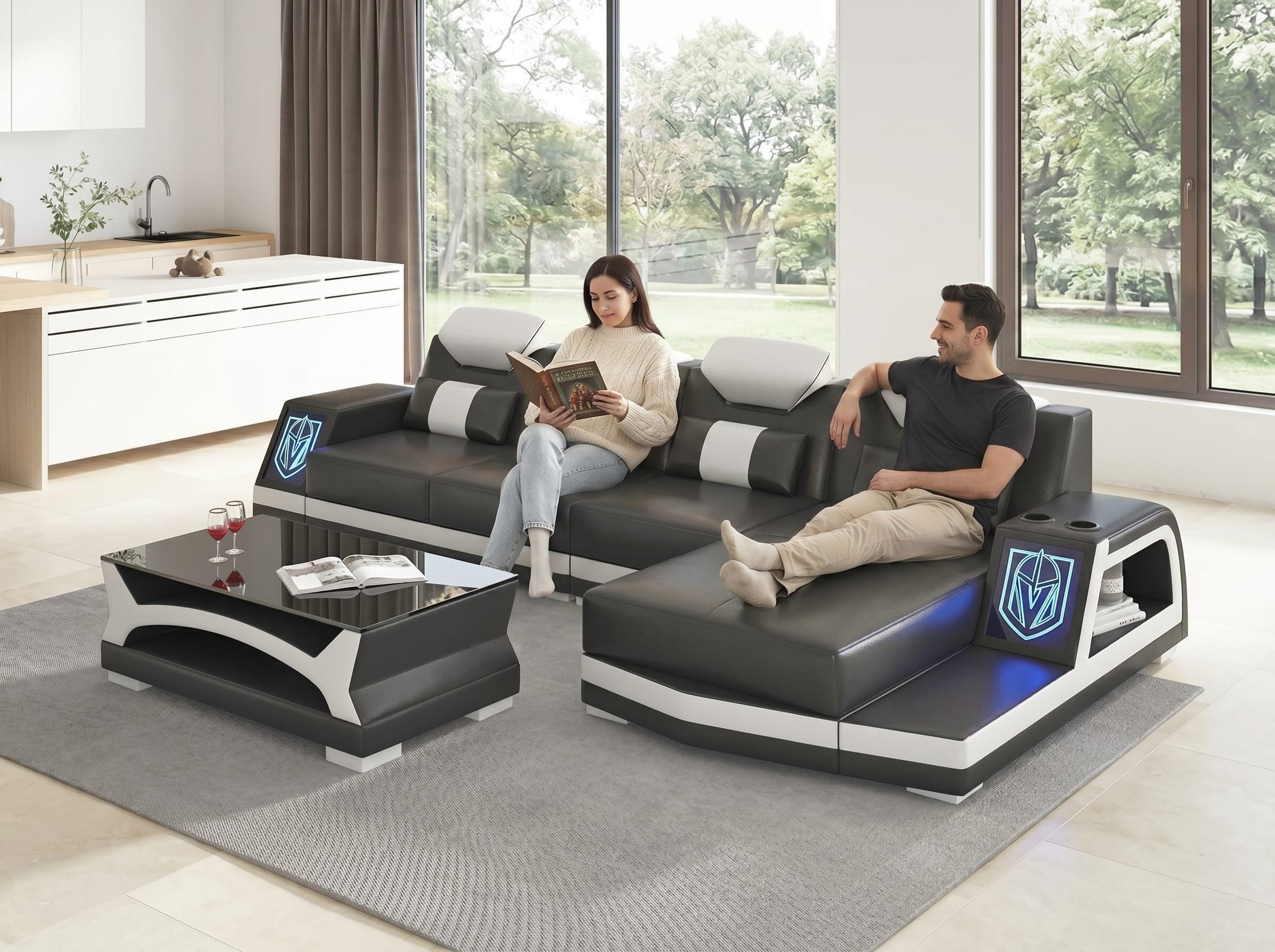 Xlmoebel Wohnlandschaft Modernes L-Form Ecksofa in Schwarz Weiß mit Couchtisch und LED, 2 Teile, Made in Europa, Sofa U-form