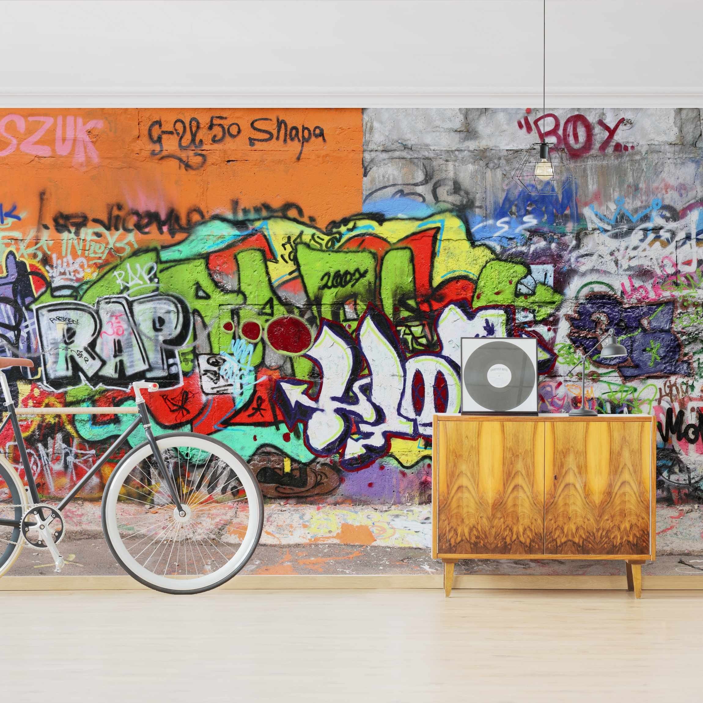 Bilderdepot24 Mustertapete Graffiti Optik Graffiti Wall Modern Street Art Wanddeko Kunst, Glatt, Matt, (Vliestapete inkl. Kleister oder selbstklebend), Jugendzimmer Flur Büro Wohnzimmer Fototapete Vliestapete Wandtapete