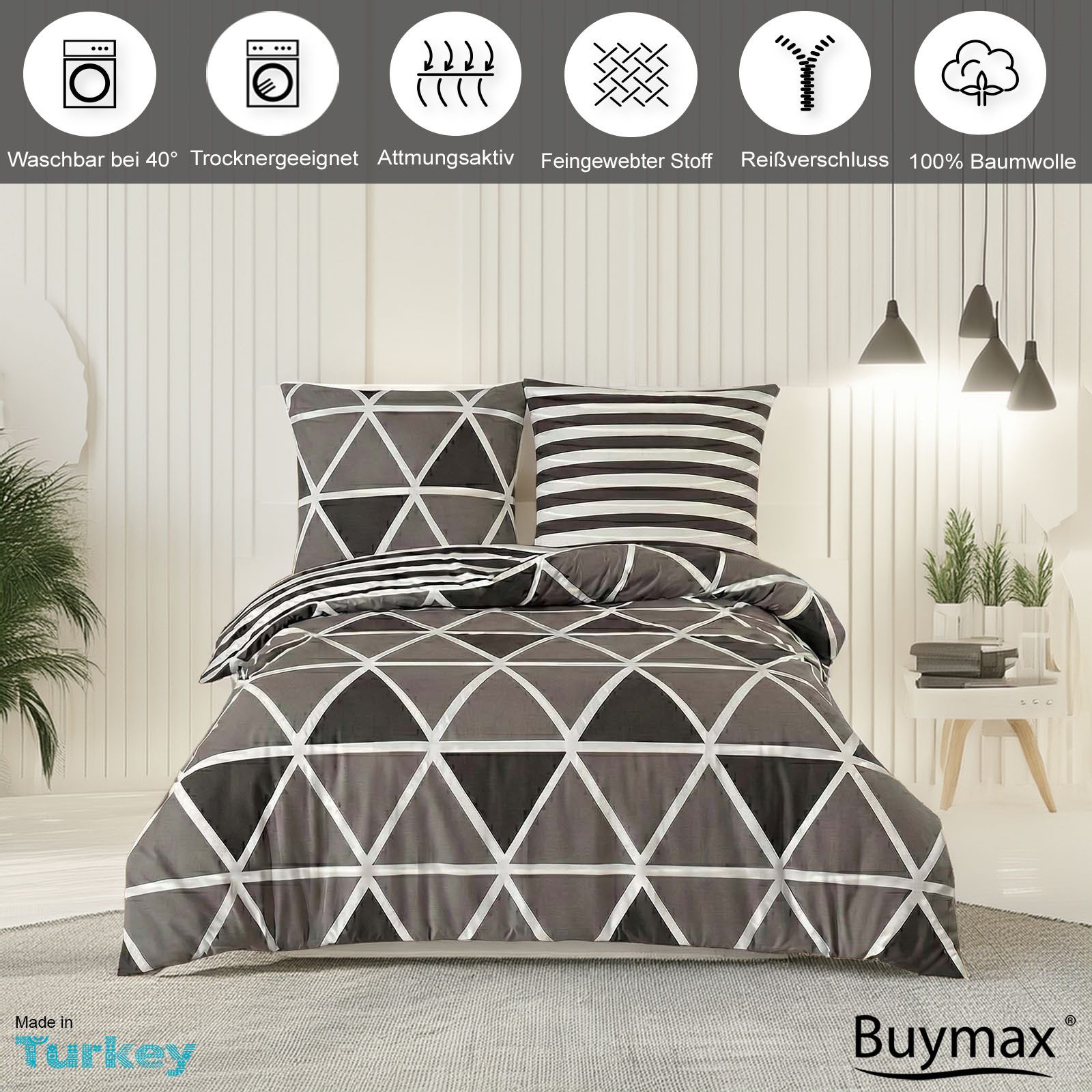 Buymax Bettwäsche Memento, Bettgarnitur, Bettbezug Set, Renforce: 100% Baumwolle, 3 teilig, mit Reißverschluss, modern, Karo, Streifen, Grau, Weiß, 200x220 cm