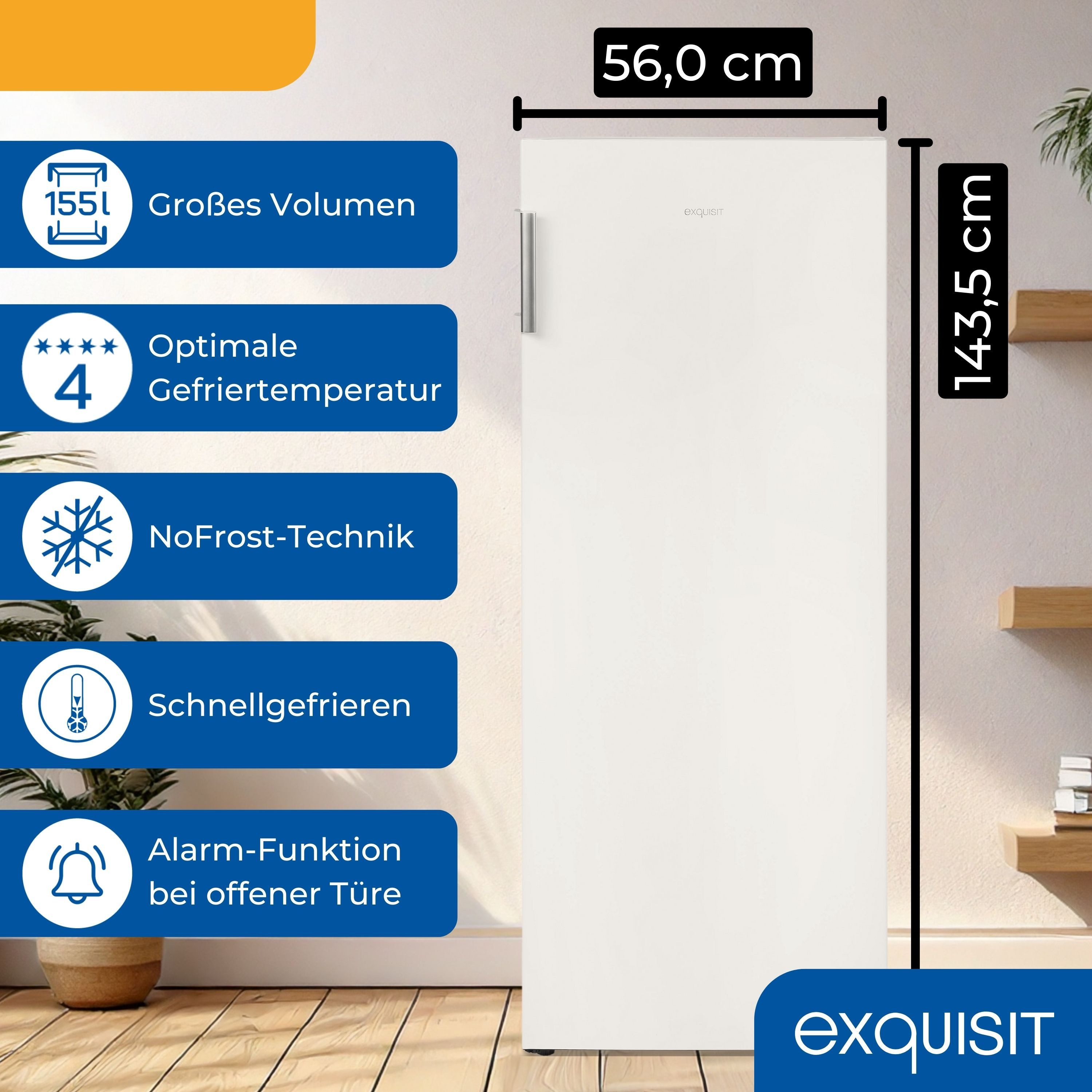 exquisit Gefrierschrank GS5231-NF-H-010E weiss, 143.5 cm hoch, 56 cm breit, XL-Lagerung mit komfortablen No Frost & Schnell-Gefrieren