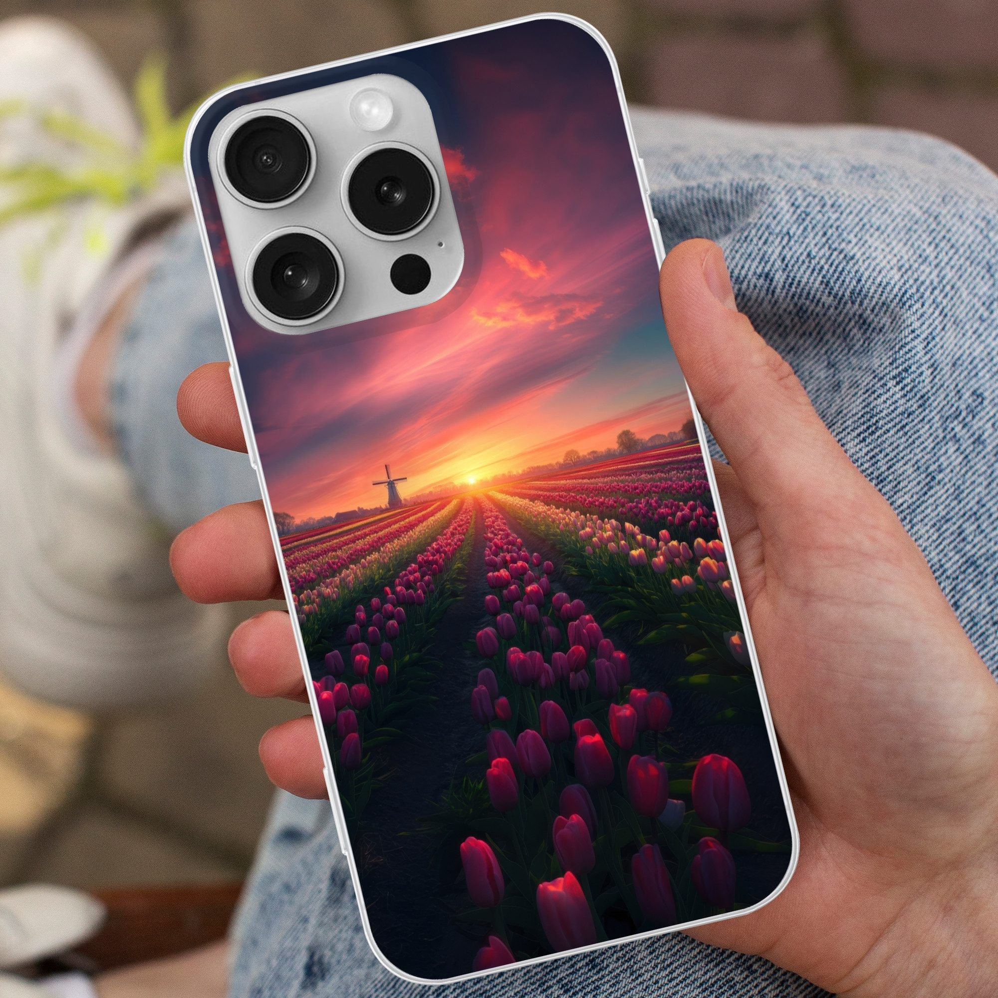 MuchoWow Handyhülle für Apple iPhone 16 Pro Windmühle - Sonnenuntergang - Landschaft, Smartphone-Bumper, Print, Handy Schutzhülle Dünn