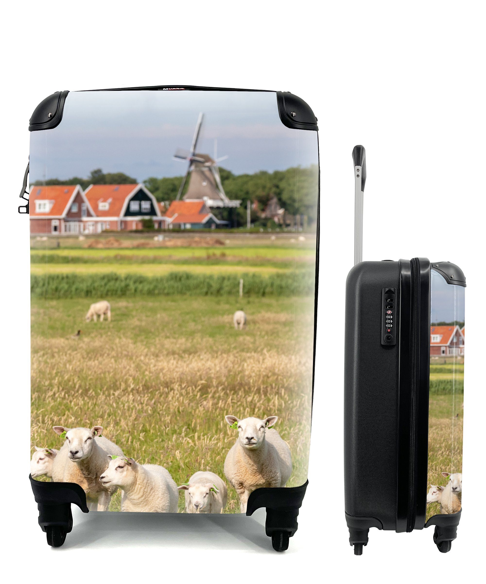 MuchoWow Handgepäckkoffer Schafe und eine Mühle auf Ameland, 4 Rollen, Reisetasche mit rollen, Handgepäck für Ferien, Trolley, Reisekoffer | Handgepäck-Koffer