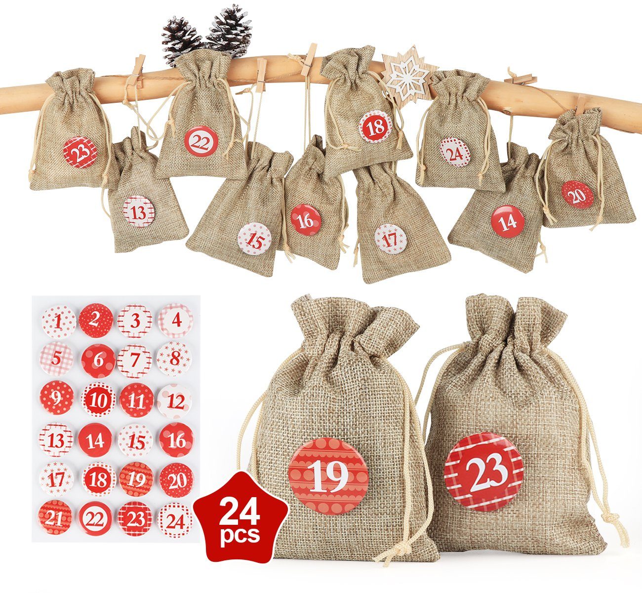 Homewit Christbaumschmuck Adventskalendertaschen + Adventskalendersäckchen (24-tlg), Stoffbeutel Buttons beige roten 24 Weihnachtskalender 24