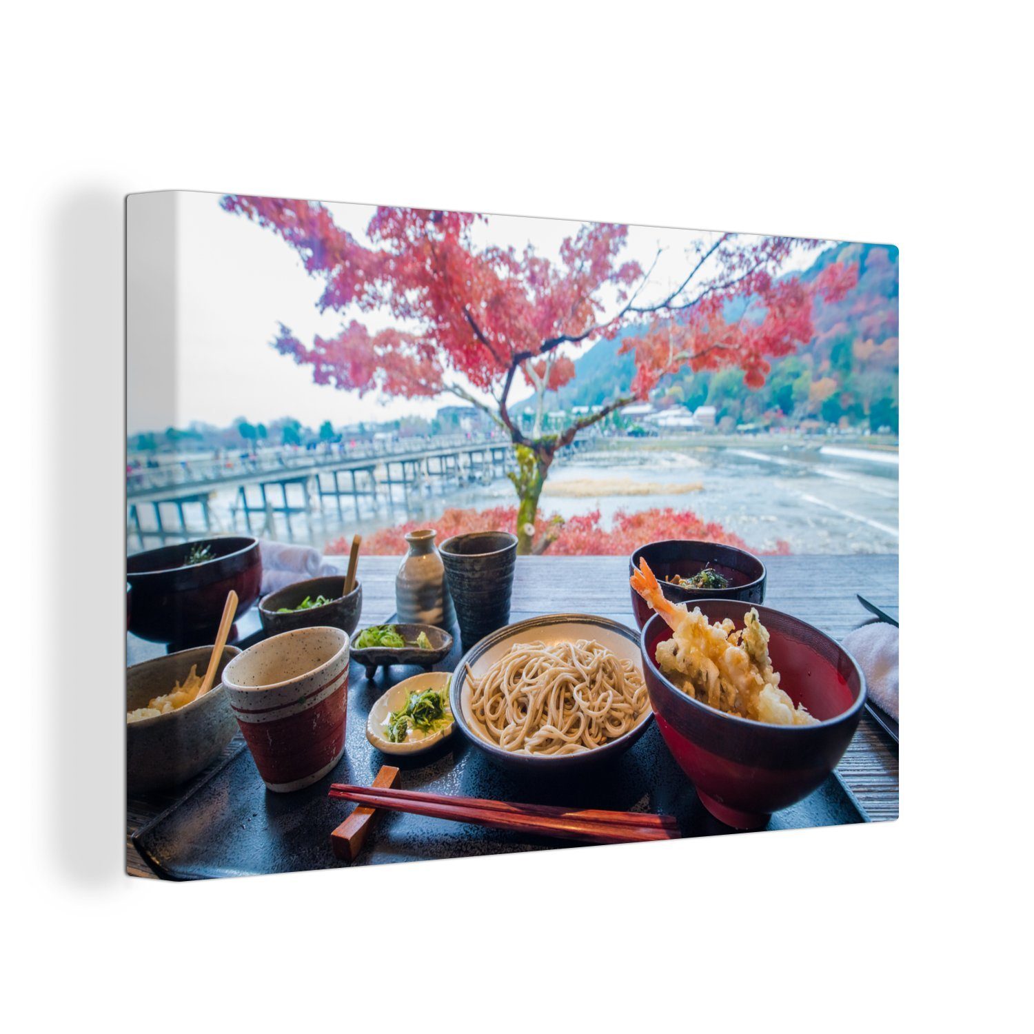 auf Leinwandbild Blütenbaum Leinwandbilder, von Tisch (1 cm mit St), Wandbild Blick Gerichten der, 30x20 Aufhängefertig, einem OneMillionCanvasses® einen Wanddeko,
