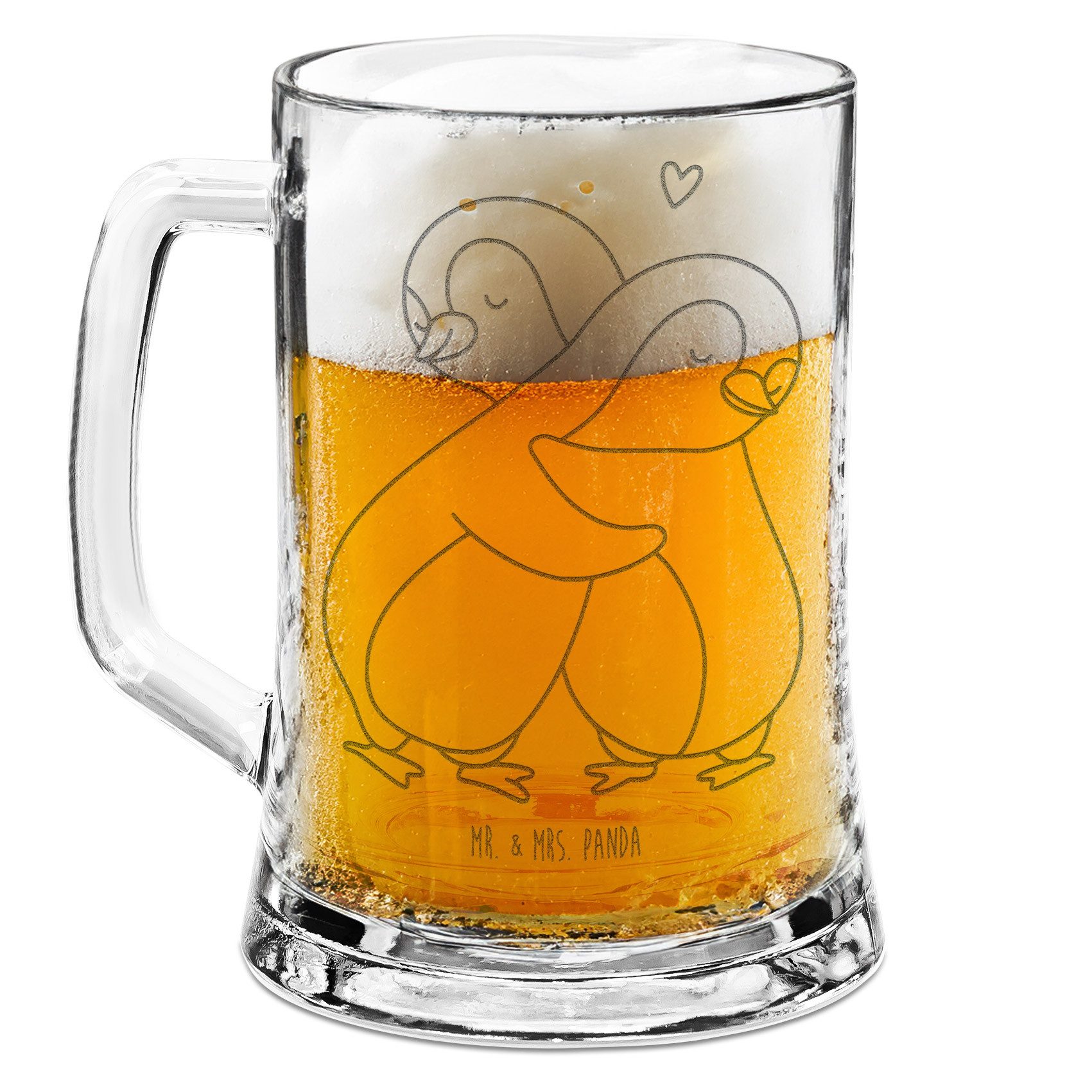Mr. & Mrs. Panda Bierkrug Pinguine Kuscheln, Gravur Bierkrug, Transparent, Liebesbeweis, Bierkr, 1-tlg., Premium Glas