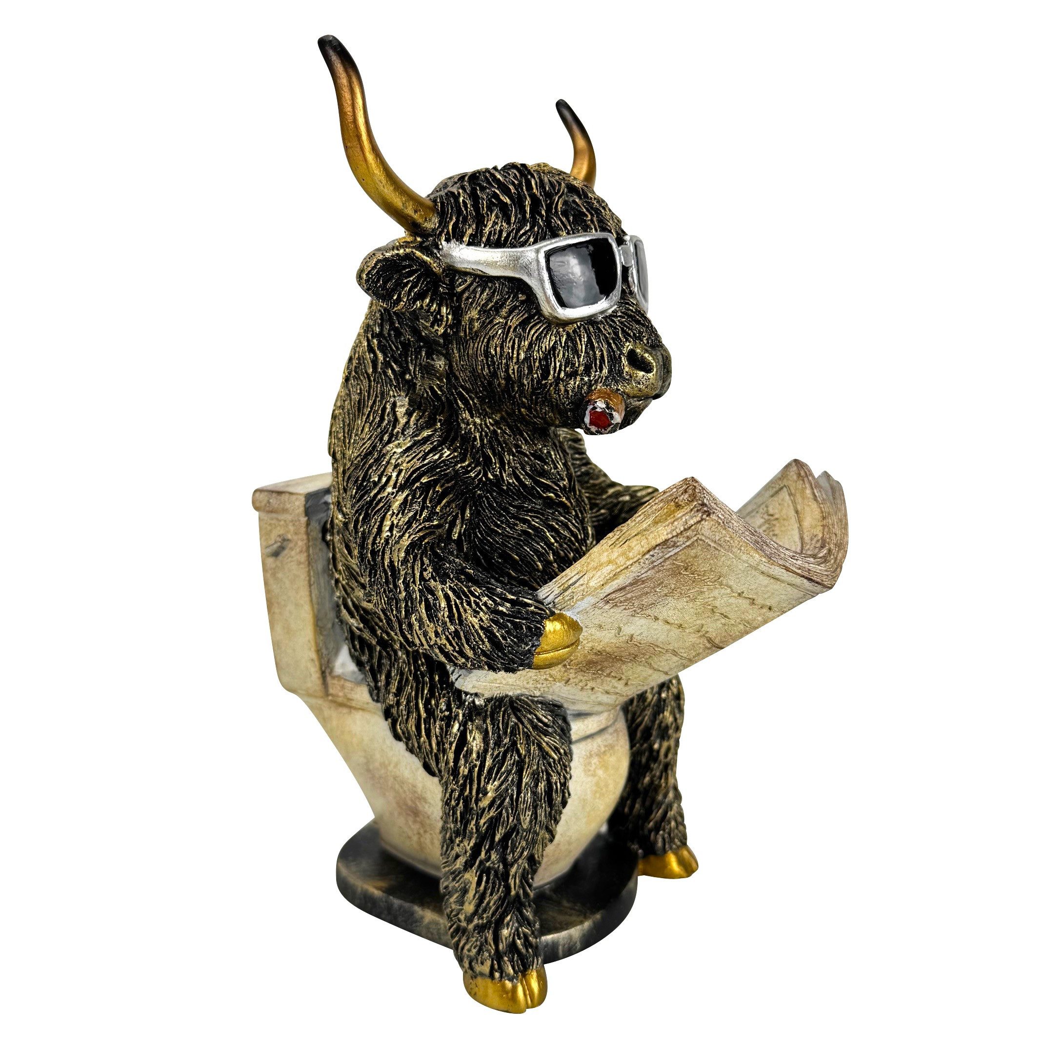 Online-Fuchs Dekofigur Highland Kuh auf der Toilette - Badezimmer & Gäste WC Dekoration (auch als Gartenfigur geeignet, 20,5 cm groß), Wetterfest! Auch für den Außenbereich geeignet