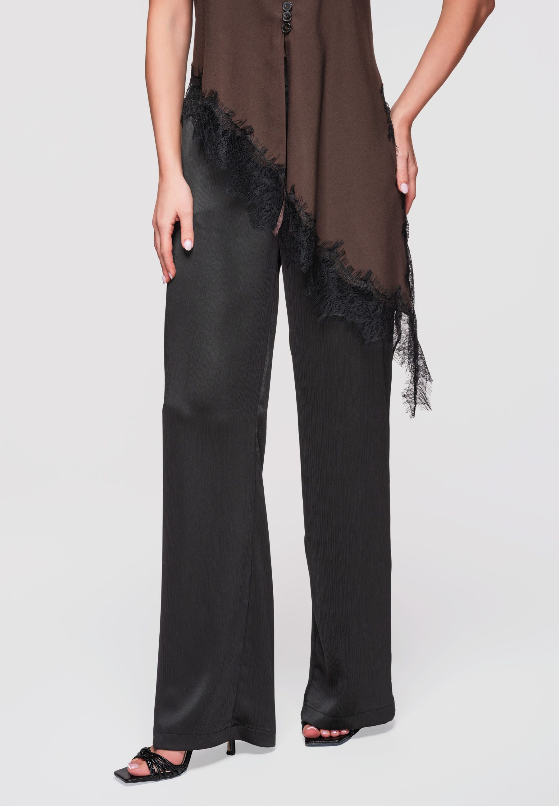 OMBRE Palazzohose Damen Stoffhose Weites Bein Elegant Schwarz L (kein Set, 1-tlg) Leichte, strukturierte Stoffhose mit Satin-Finish