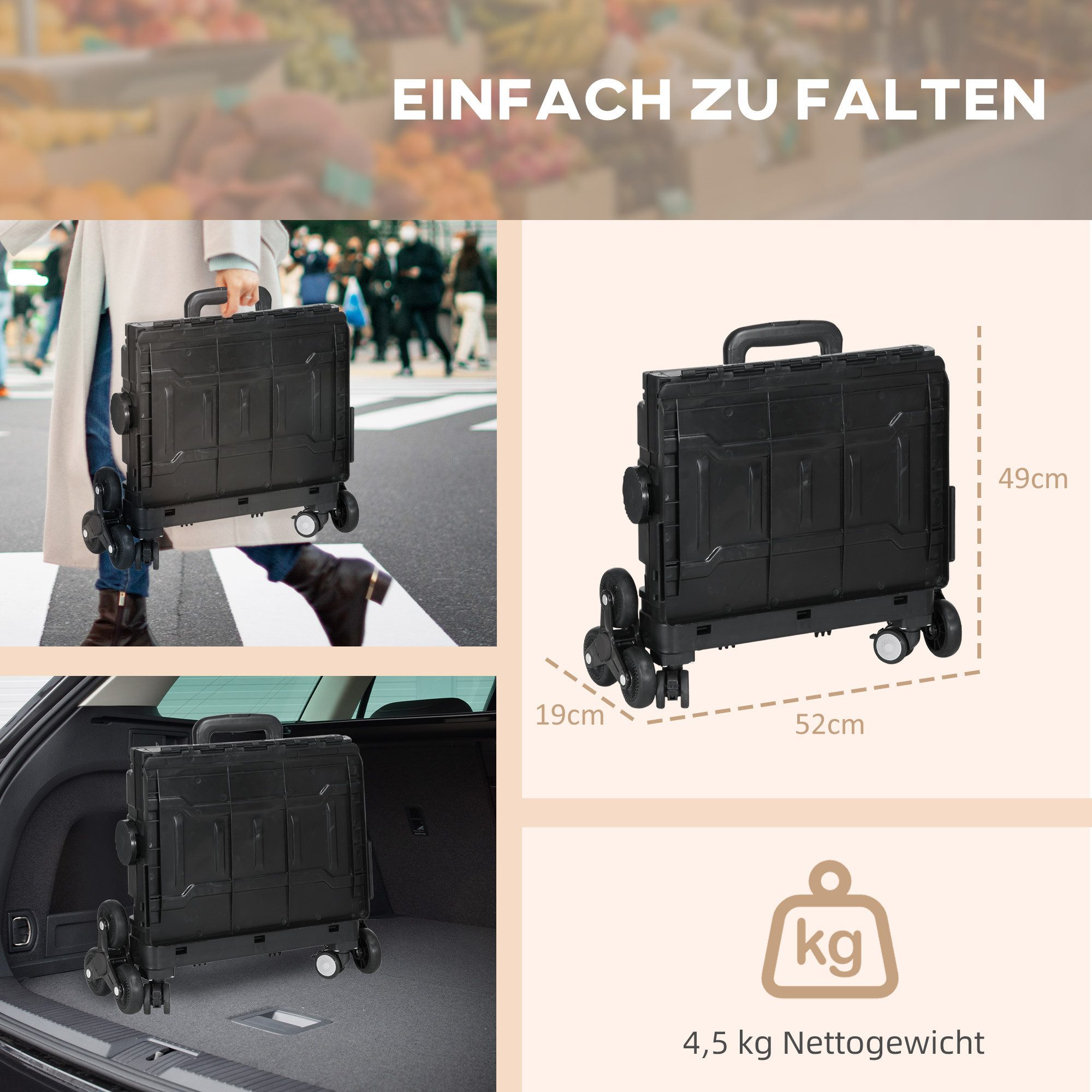 HOMCOM Einkaufstrolley klappbar Treppensteiger bis 80 kg aus Aluminium, 51 l, für Büro, Speicher, Schule, Schwarz – Bild 4 von 5