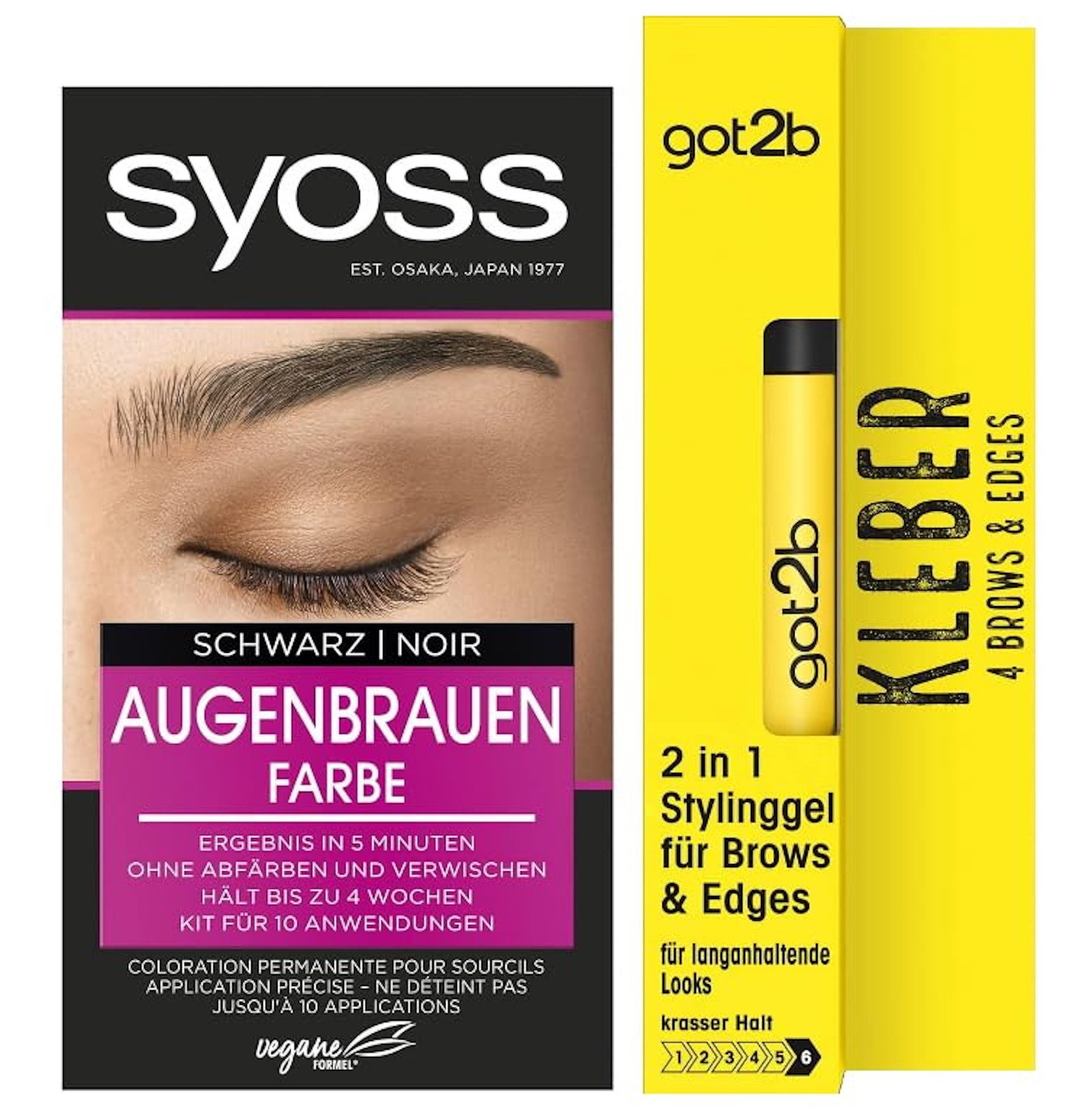 Syoss Augenbrauenfarbe Schwarz 17ml & GOT2B 2in1 Stylinggel Kleber 4 Brows & Edges 16ml, 2-tlg., Natürlicher Look & langanhaltendes Ergebnis