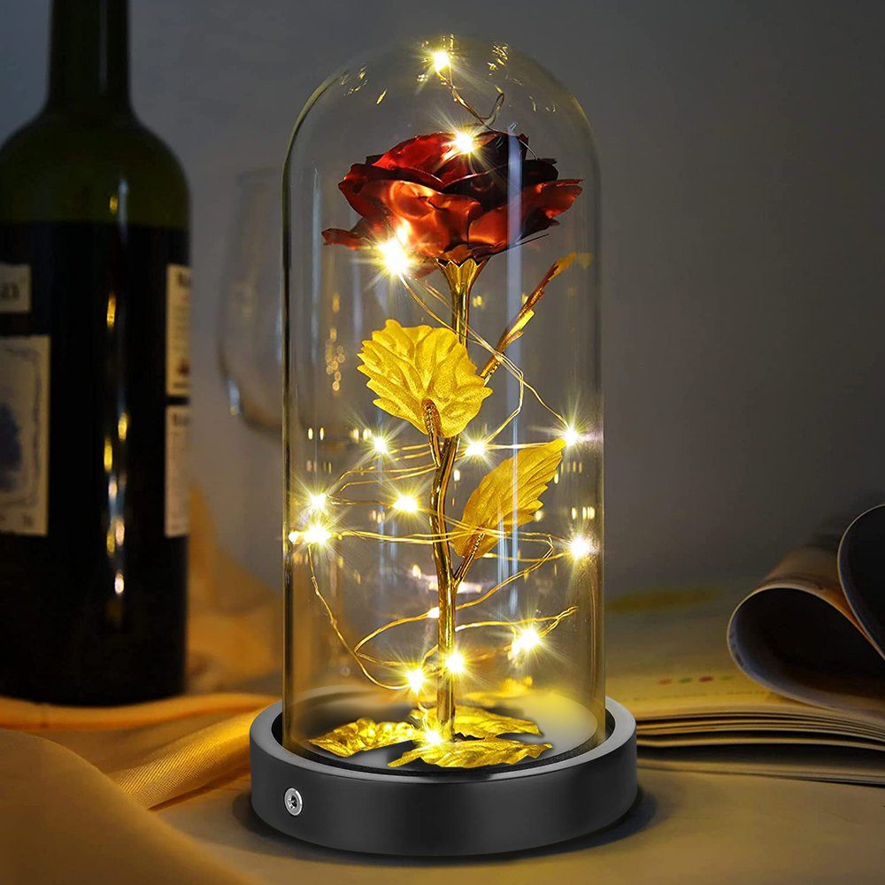 Rose mit Vergoldete Dekolicht LED-Licht, Glas Muttertag LED Geburtstag Ewige Valentinstag Rose MUPOO, für Kunstblume Kunstblume im Hochzeitstag rote Weihnachtstag