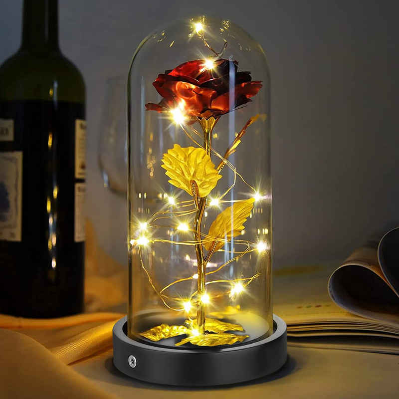 Kunstblume Rose im Glas: Edle Kunst-Rose & Bär, mit LED Lichter,ewige Blumen, Sunicol, Höhe 22 cm, für Hochzeit Muttertag Geburtstag Valentinstag Geschenk