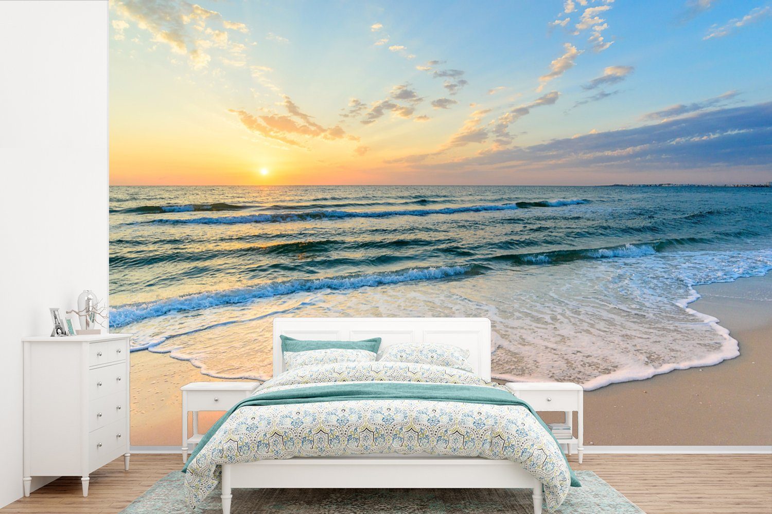 MuchoWow Fototapete Strand - Meer - Sonnenuntergang - Golf, Matt, bedruckt, (6 St), Wallpaper für Wohnzimmer, Schlafzimmer, Kinderzimmer, Vinyl Tapete