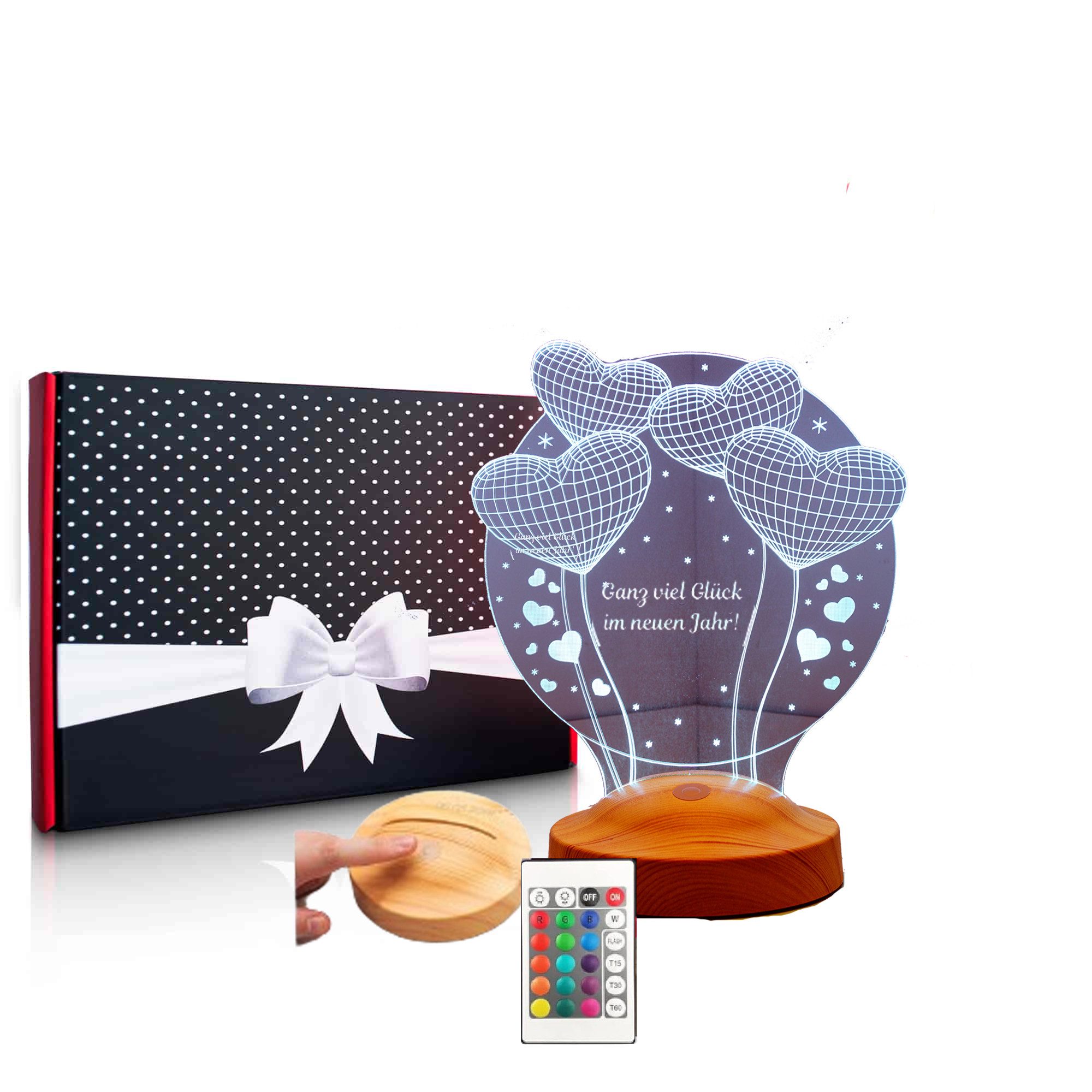 Geschenkelampe LED Nachttischlampe Ballon Herzen 3D Gravur mehrfarbige Lampe Geschenk für Weihnachten, Leuchte 7 Farben fest integriert, Silvester, Geschenk für Silvester