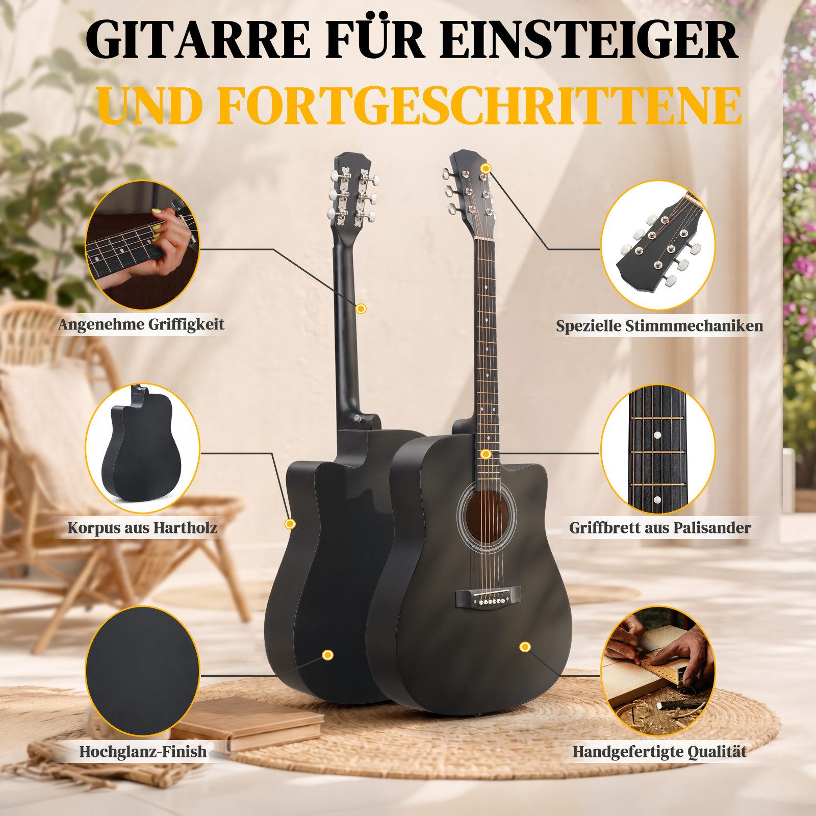 LALAHO Akustikgitarre 41 Inch Hartholz Cutaway mit Griffbrett,Konzertgitarre Westerngitarren, Set inkl. Tasche, Ersatzsaiten, Gurt und Plektren – Bild 2 von 5