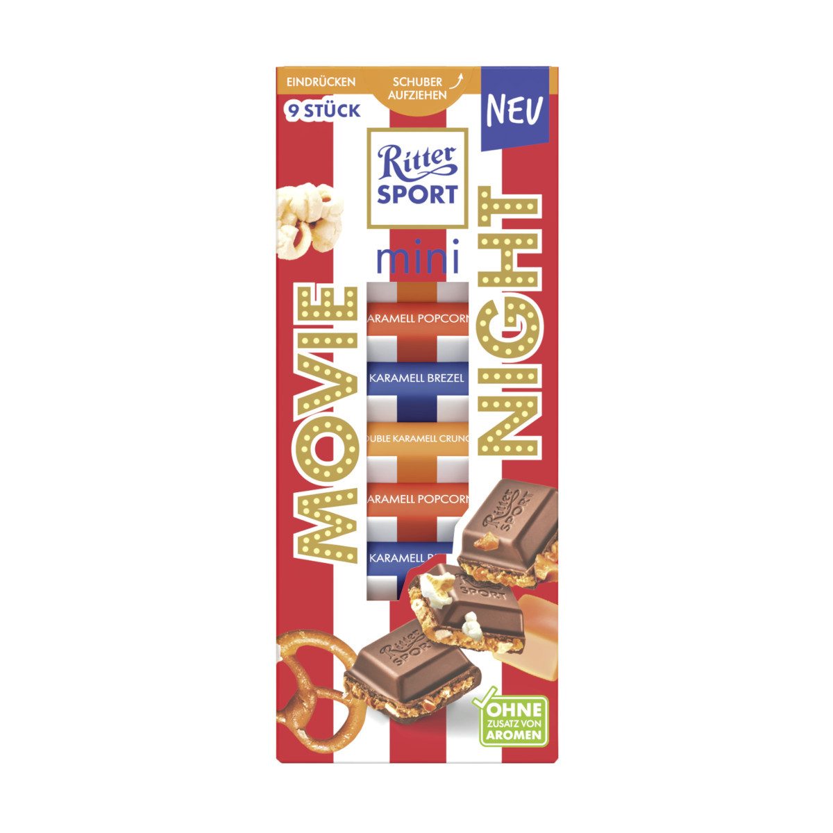 Ritter SPORT Schokolade, Ritter Sport Mini Movie Night 9er beliebte Karamell-Varianten 150g
