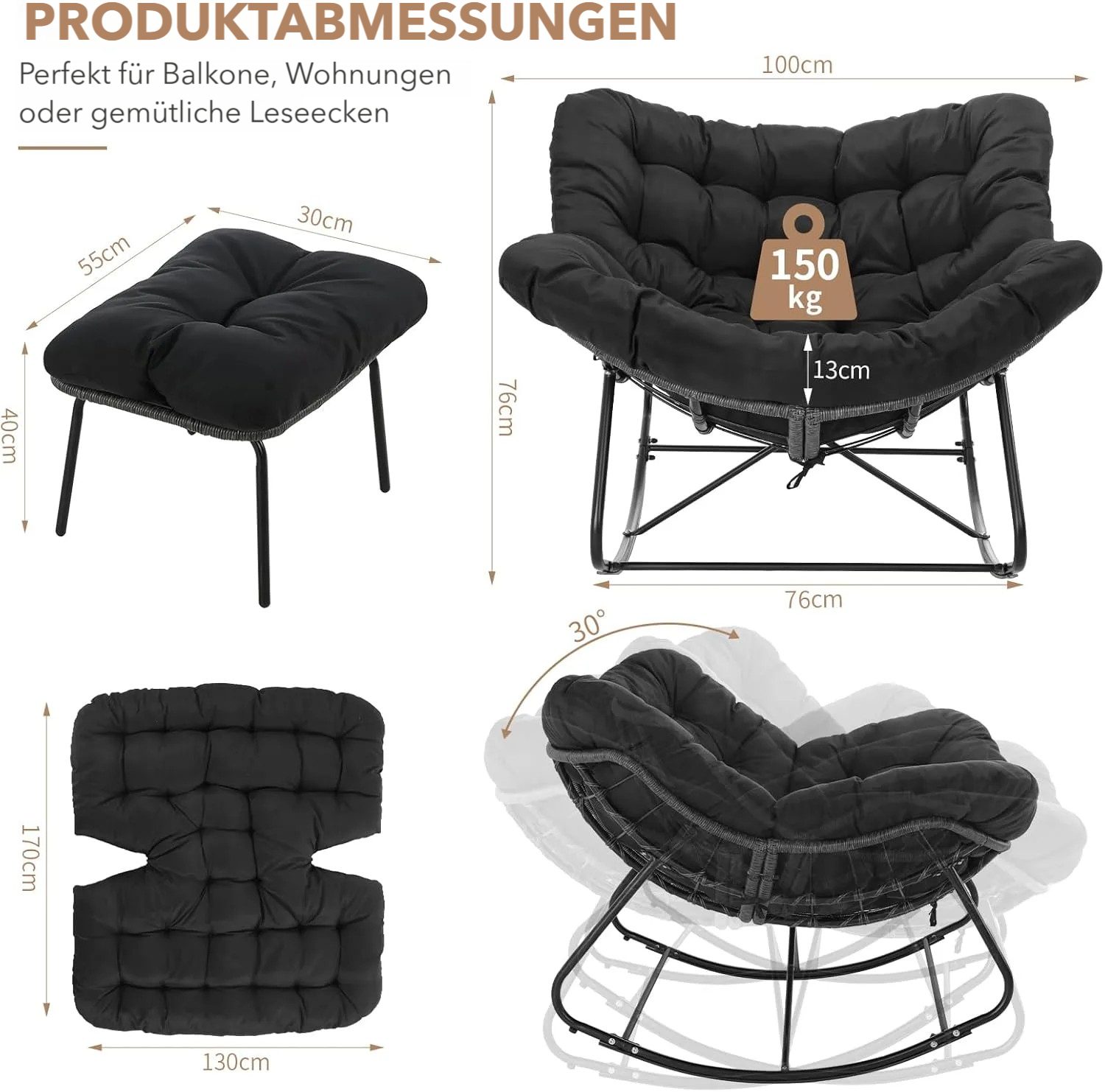 TLGREEN Schaukelstuhl Eiförmiger Rattanschaukelstuhl mit Fußhocker-Set, (Schaukelsessel Oversized, wetterfeste, mit dickem Abnehmbar Polster), Belastung von 150kg, Loungesessel für Garten Balkon Wohnzimmer